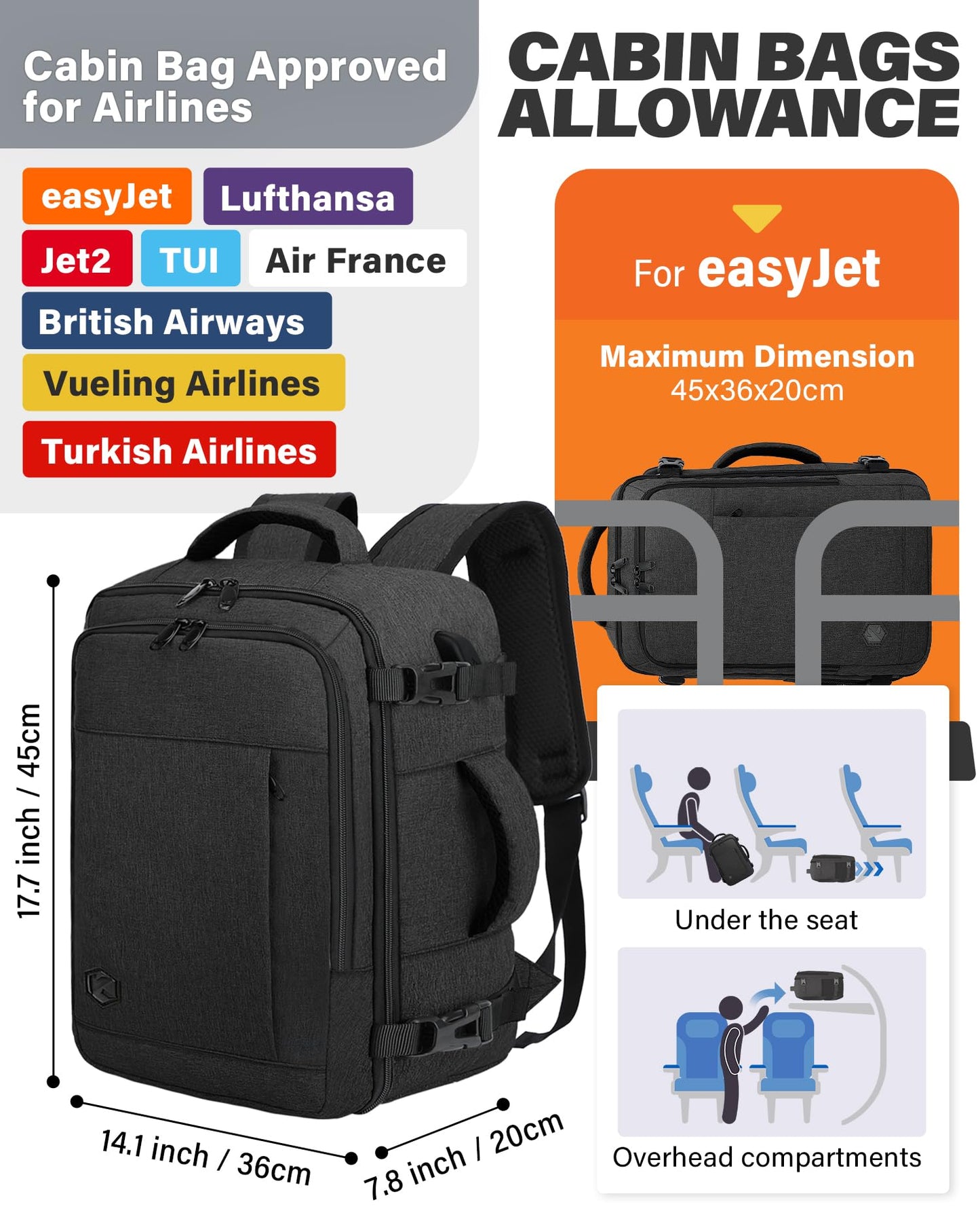 VANKEV Ryanair Cabin Bag 40x20x25 Underseat 20L
