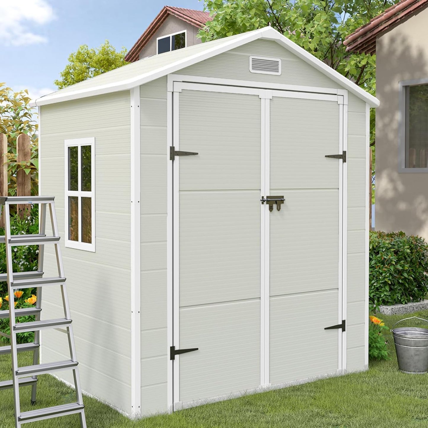 UDPATIO Outdoor Resin Storage Shed 6x4.5 FT, Plastic Garden Shed for Bike, Garbage Can, Tool, Outside Sheds & Outdoor Storage Storage Box with Lockable Door for Backyard, Patio, Lawn, Grey & White