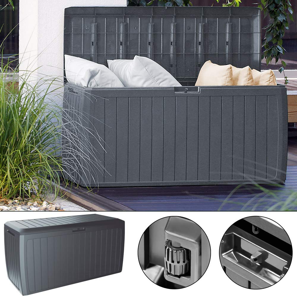 CASARIA® 290 Litre Garden Storage Box | Plastic Outdoor Tool Chest on Wheels | Lockable | Parcel Box | Log Store | Weatherproof | Wood Effect | 117x47x60cm | Brown