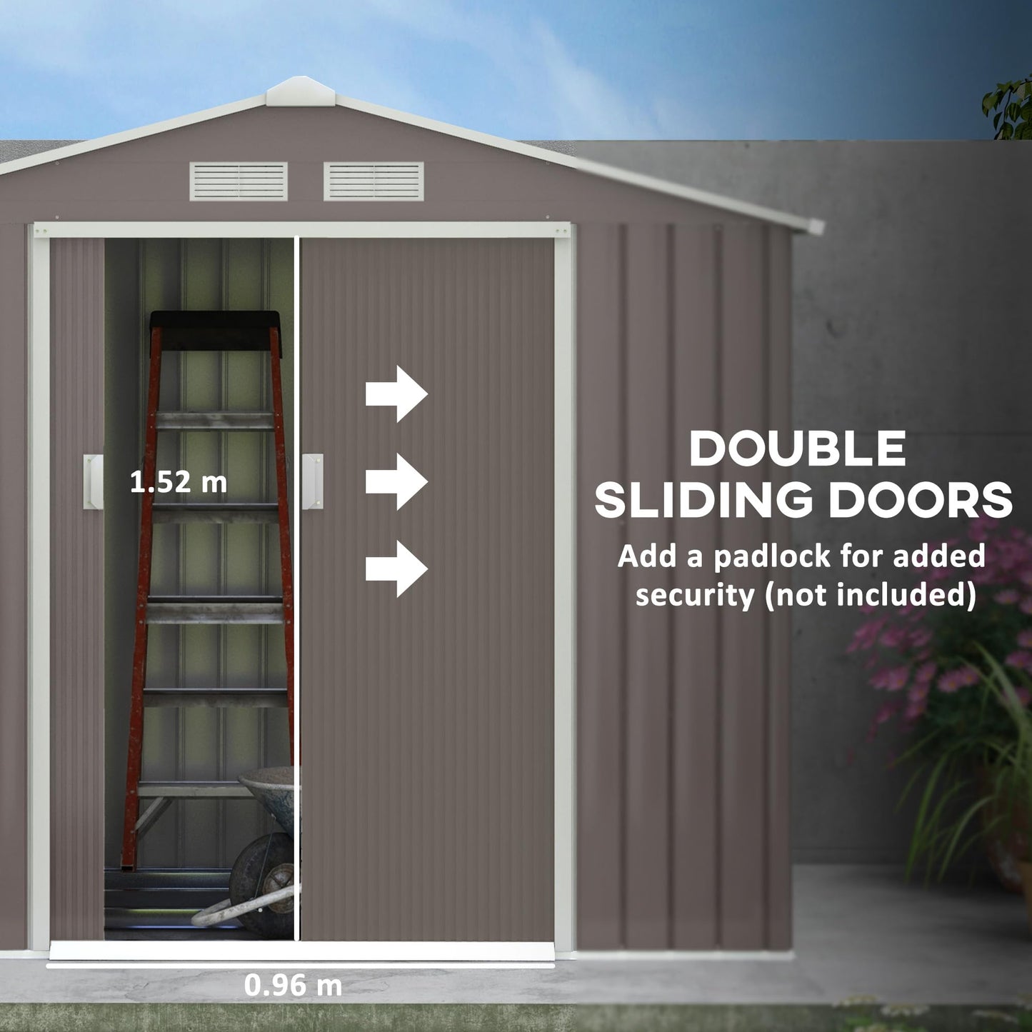 Outsunny 9 x 6ft Metal Garden Shed, Outdoor Storage Tool House with Ventilation Slots, Foundation Kit and Lockable Double Doors, Brown