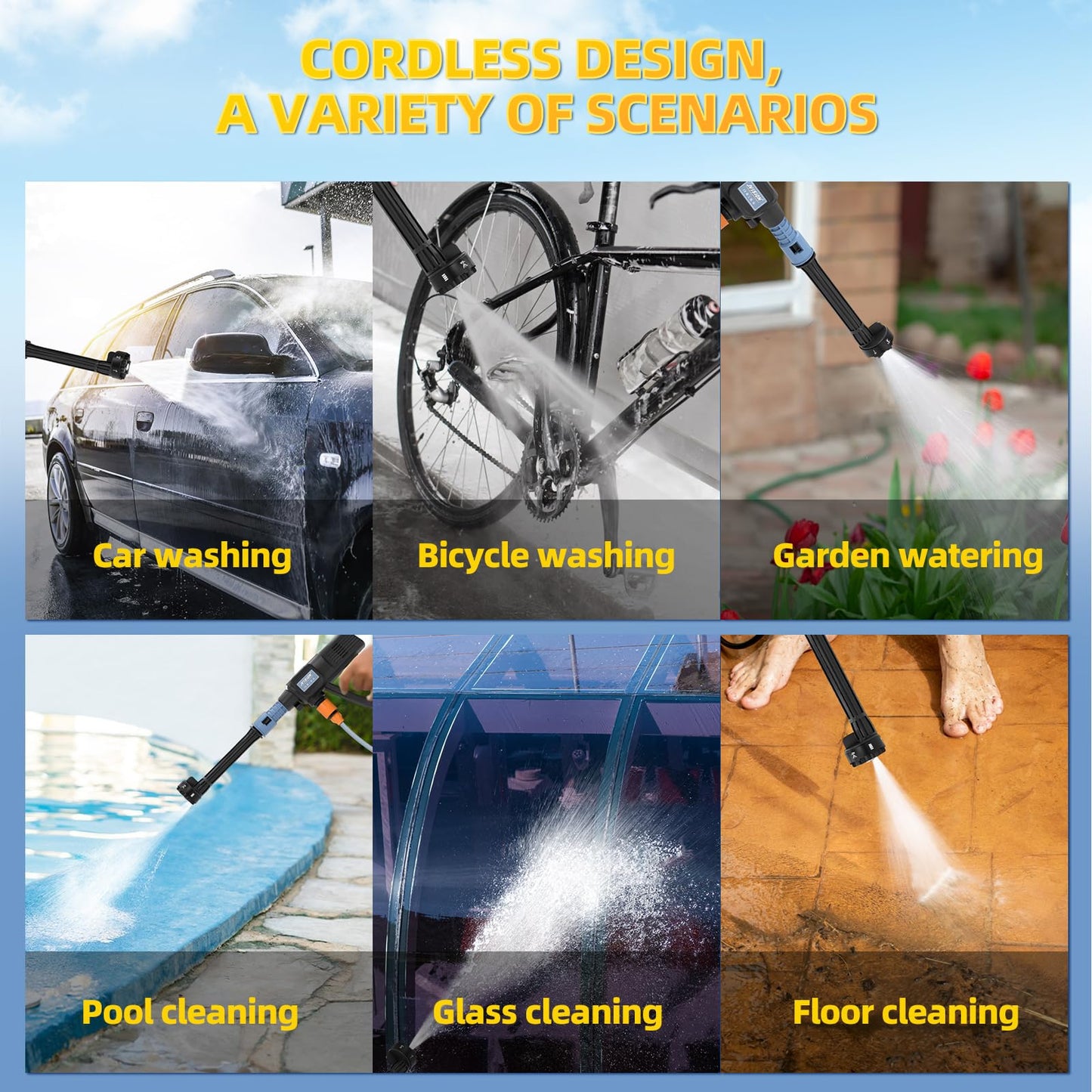 Cordless Pressure Washer, Portable Power Washer for Patio & Car, 6 in 1 Battery-Operated System with 5M Hose, Jet Wash Tool with Dual Batteries, High-Pressure Cordless Jet Cleaner