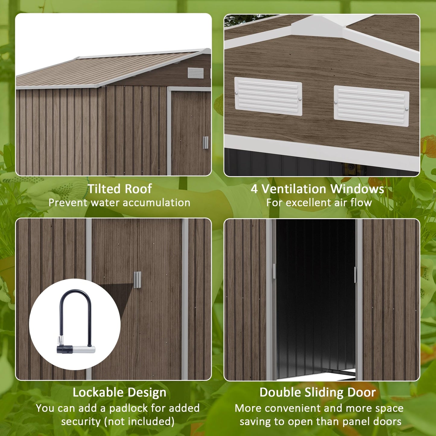 Outsunny 9 x 6ft Metal Garden Shed, Outdoor Storage Tool House with Ventilation Slots, Foundation Kit and Lockable Double Doors, Brown