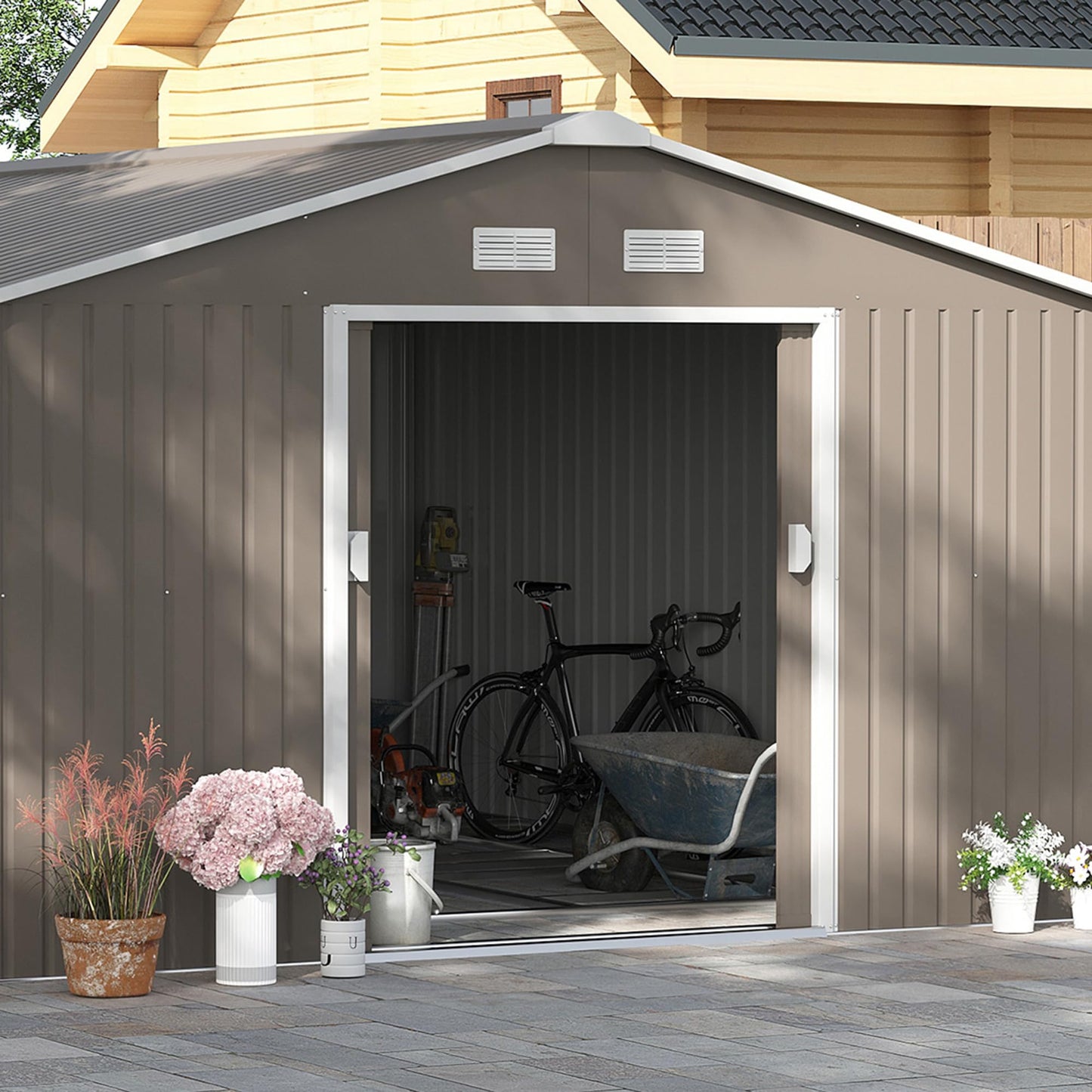 Outsunny 9 x 6ft Metal Garden Shed, Outdoor Storage Tool House with Ventilation Slots, Foundation Kit and Lockable Double Doors, Brown