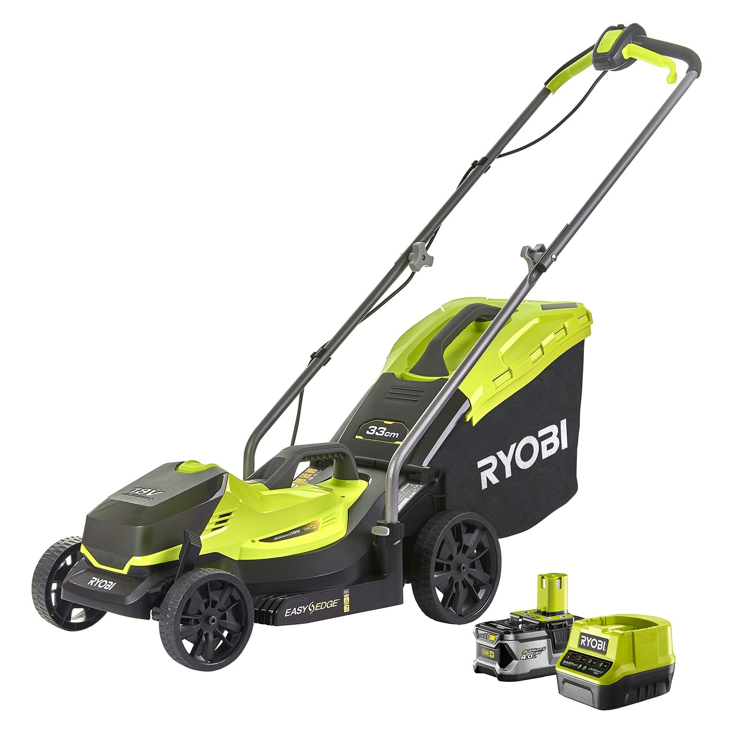 Ryobi 18V ONE+ Cordless Lawnmower and Grass Trimmer Kit (1 x 4.0Ah), Green