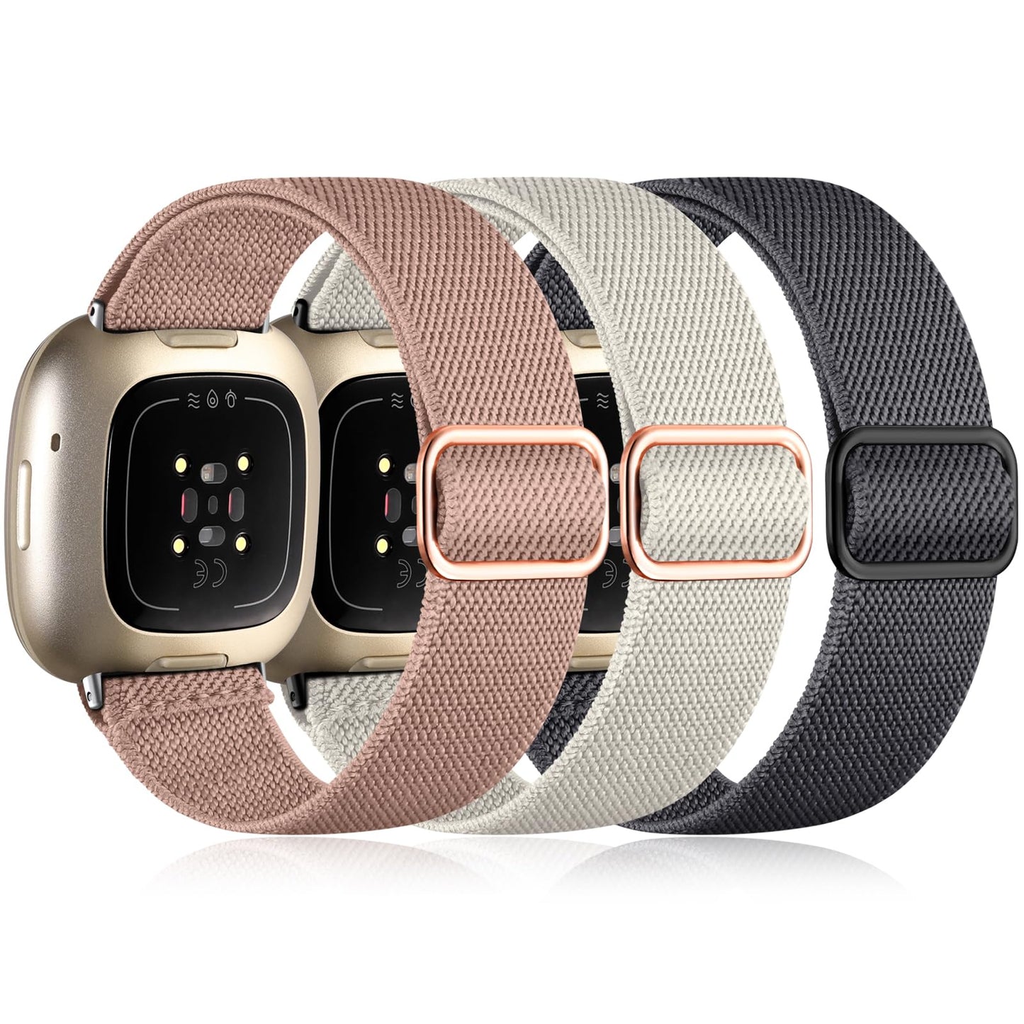 3 Pack Compatible with Fitbit Versa 4/3/Sense Strap, Soft Elastic Nylon Sport Replacement Band for Women & Men