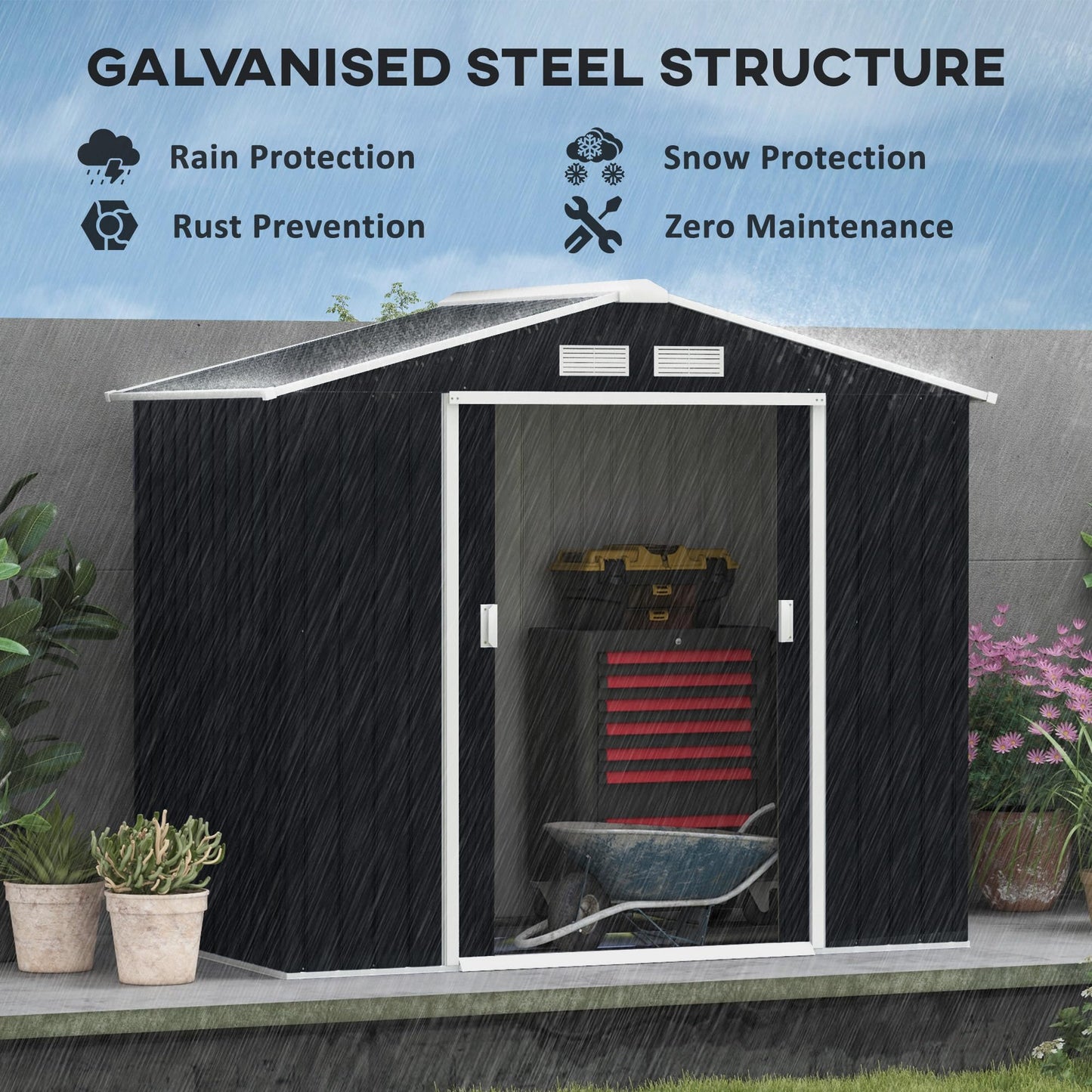 Outsunny 9 x 6ft Metal Garden Shed, Outdoor Storage Tool House with Ventilation Slots, Foundation Kit and Lockable Double Doors, Brown