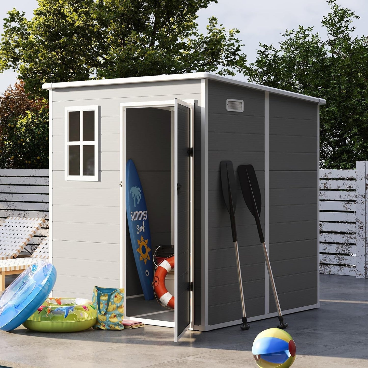 UDPATIO Outdoor Resin Storage Shed 6x4.5 FT, Plastic Garden Shed for Bike, Garbage Can, Tool, Outside Sheds & Outdoor Storage Storage Box with Lockable Door for Backyard, Patio, Lawn, Grey & White