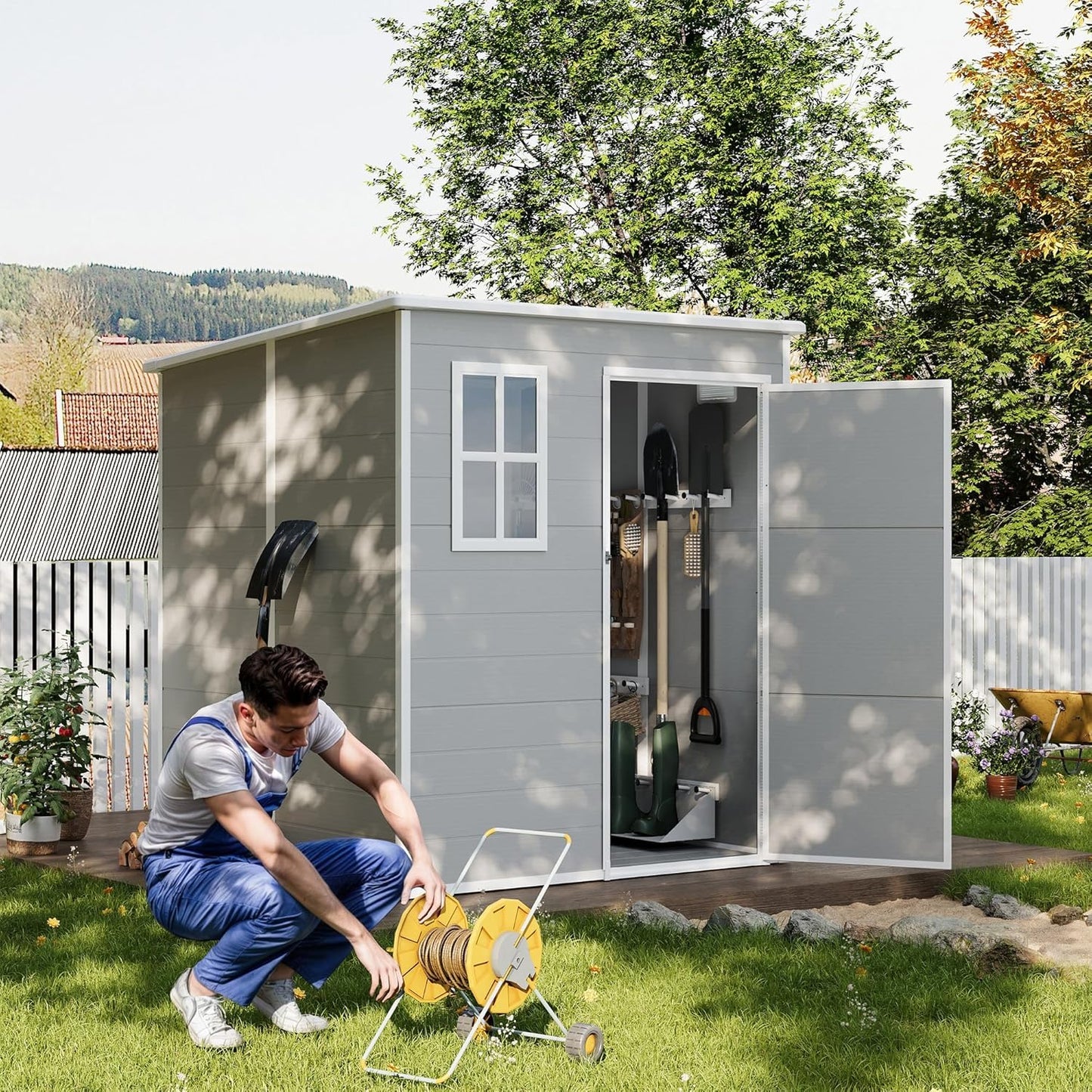 UDPATIO Outdoor Resin Storage Shed 6x4.5 FT, Plastic Garden Shed for Bike, Garbage Can, Tool, Outside Sheds & Outdoor Storage Storage Box with Lockable Door for Backyard, Patio, Lawn, Grey & White