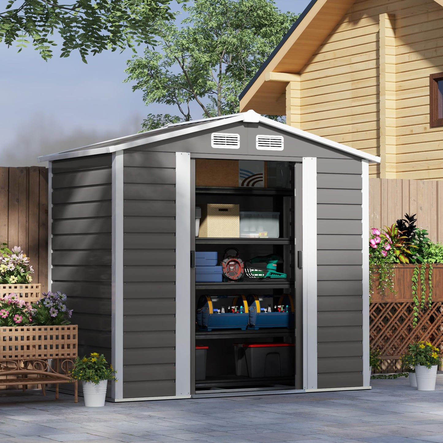 Outsunny 7 x 4ft Garden Shed, Easy to Assemble, Upgraded Galvanised Steel Frame with Foundation Kit, Double Doors with Lock, Outdoor Metal Shed with Vents and Gloves, Garden Storage Shed, Dark Grey