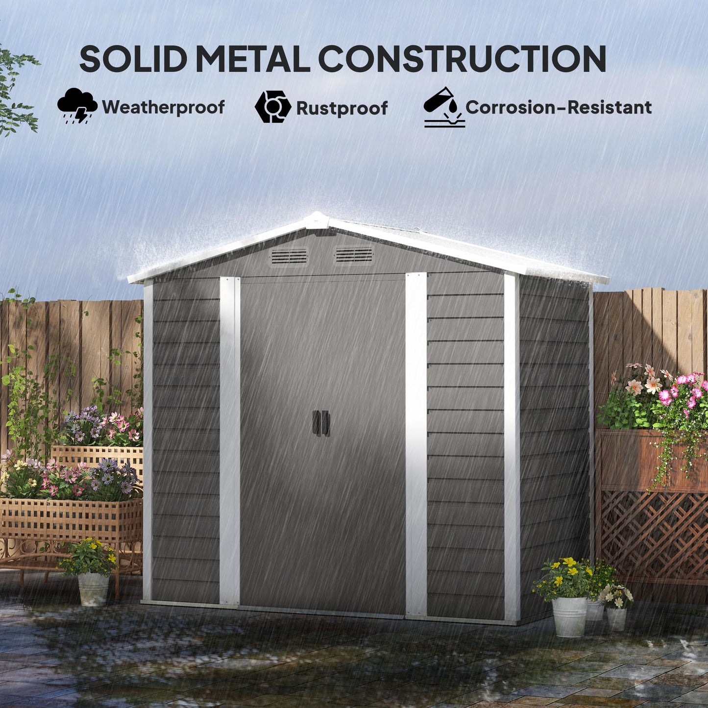 Outsunny 7 x 4ft Garden Shed, Easy to Assemble, Upgraded Galvanised Steel Frame with Foundation Kit, Double Doors with Lock, Outdoor Metal Shed with Vents and Gloves, Garden Storage Shed, Dark Grey
