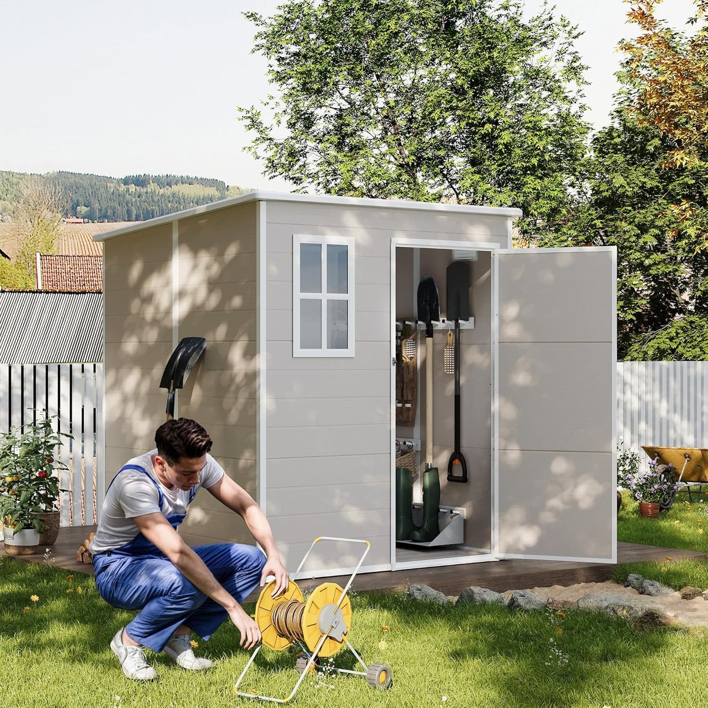 UDPATIO Outdoor Resin Storage Shed 6x4.5 FT, Plastic Garden Shed for Bike, Garbage Can, Tool, Outside Sheds & Outdoor Storage Storage Box with Lockable Door for Backyard, Patio, Lawn, Grey & White