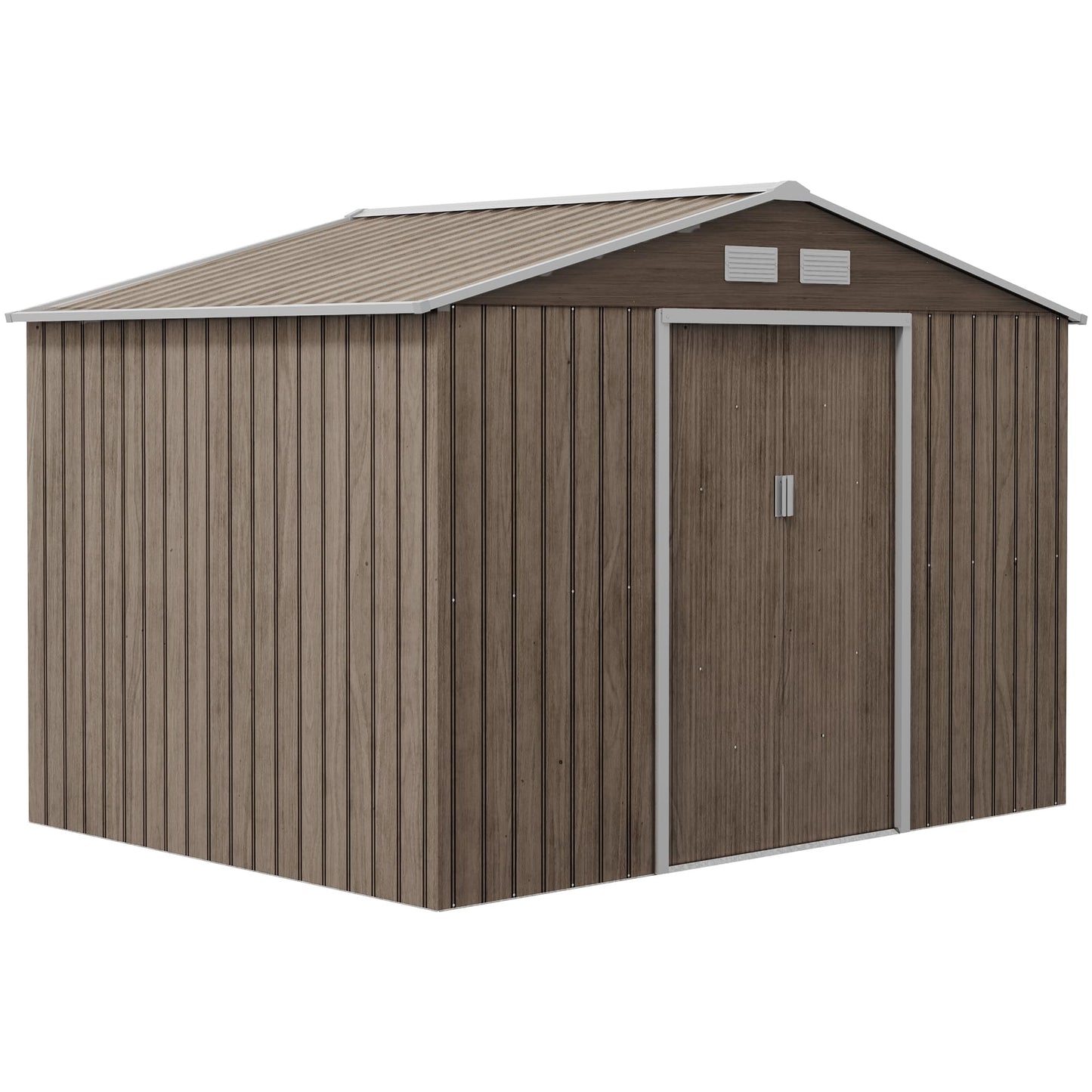 Outsunny 9 x 6ft Metal Garden Shed, Outdoor Storage Tool House with Ventilation Slots, Foundation Kit and Lockable Double Doors, Brown
