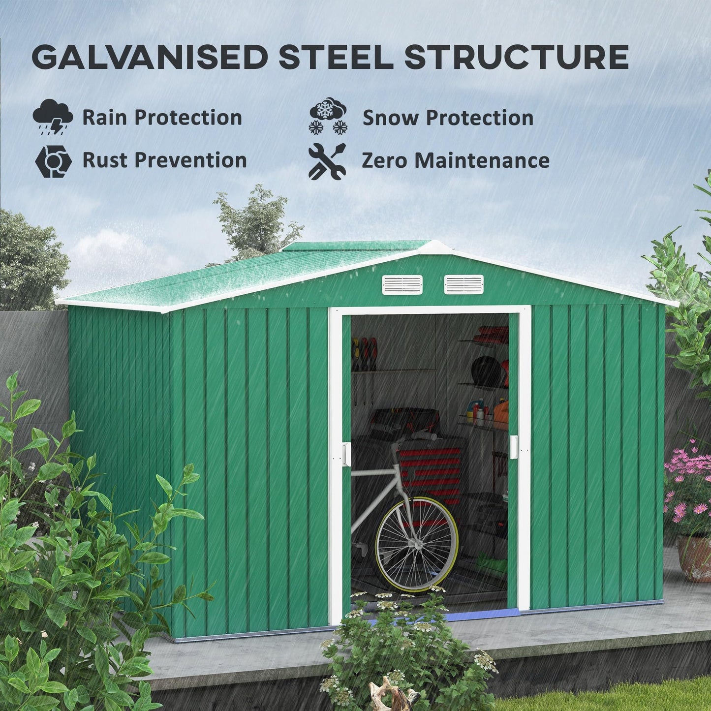 Outsunny 9 x 6ft Metal Garden Shed, Outdoor Storage Tool House with Ventilation Slots, Foundation Kit and Lockable Double Doors, Brown