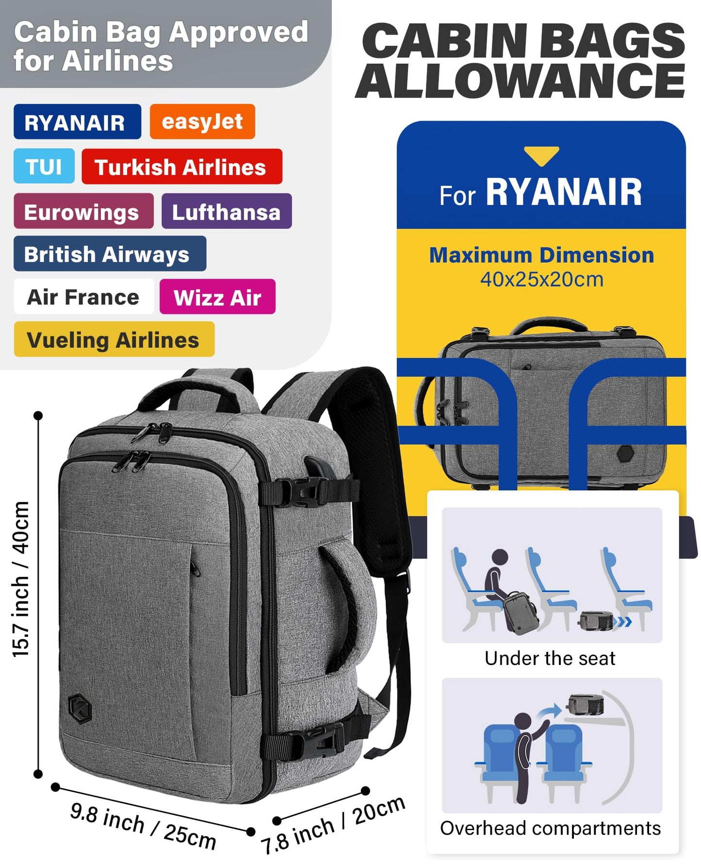 VANKEV Ryanair Cabin Bag 40x20x25 Underseat 20L