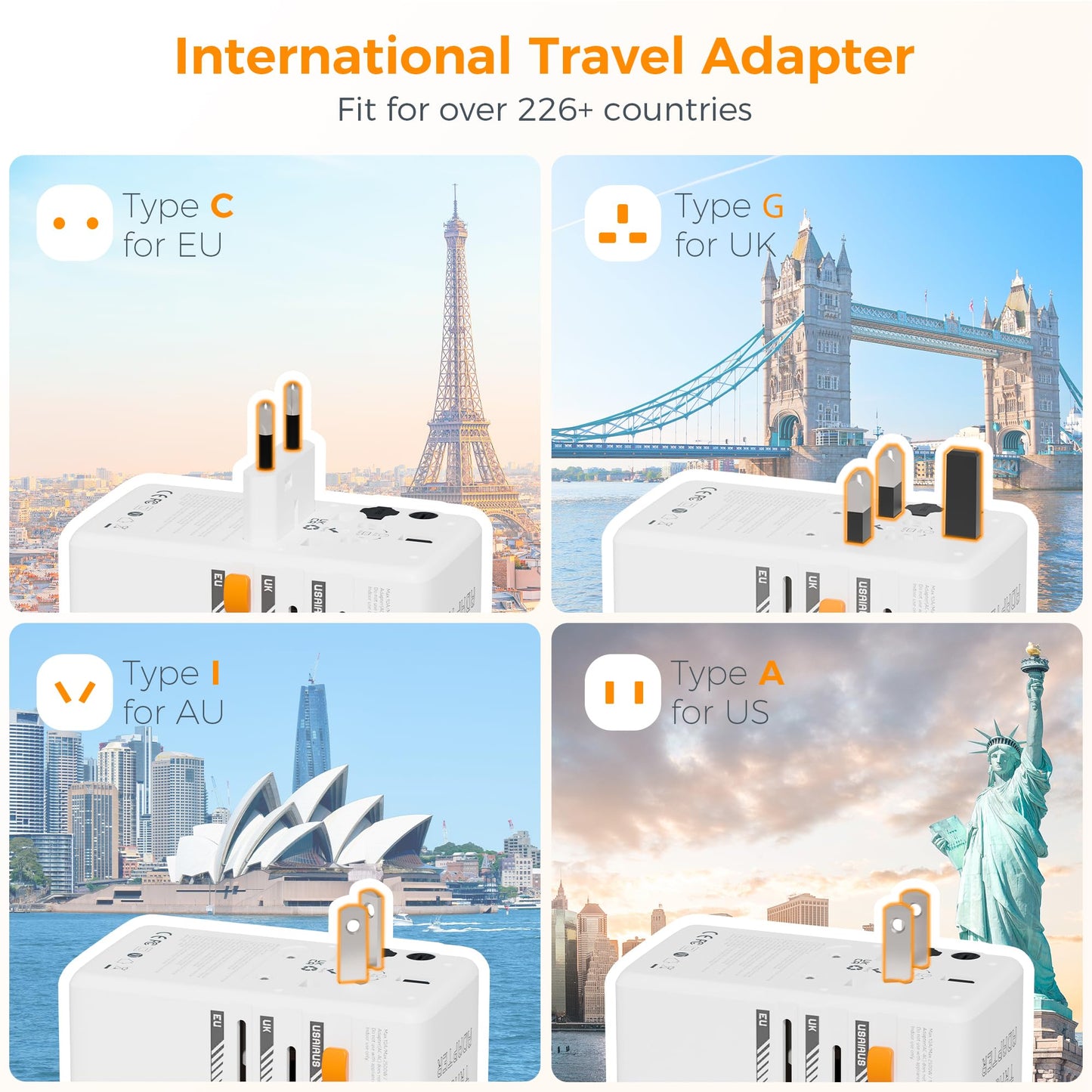 TESSAN Universal Travel Adapter Worldwide with 2 USB C and 2 USB A Ports