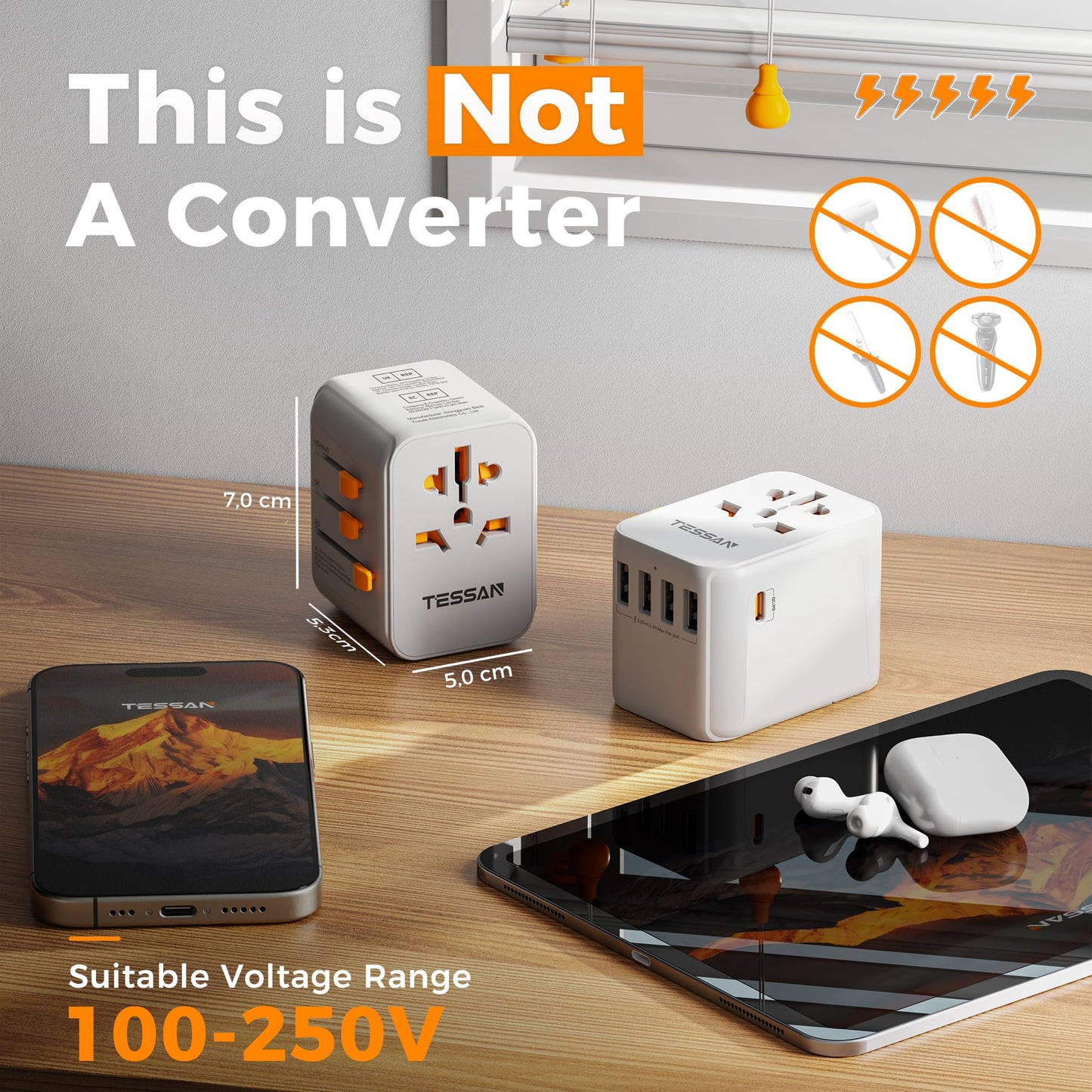 TESSAN Universal Travel Adapter Worldwide with 2 USB C and 2 USB A Ports