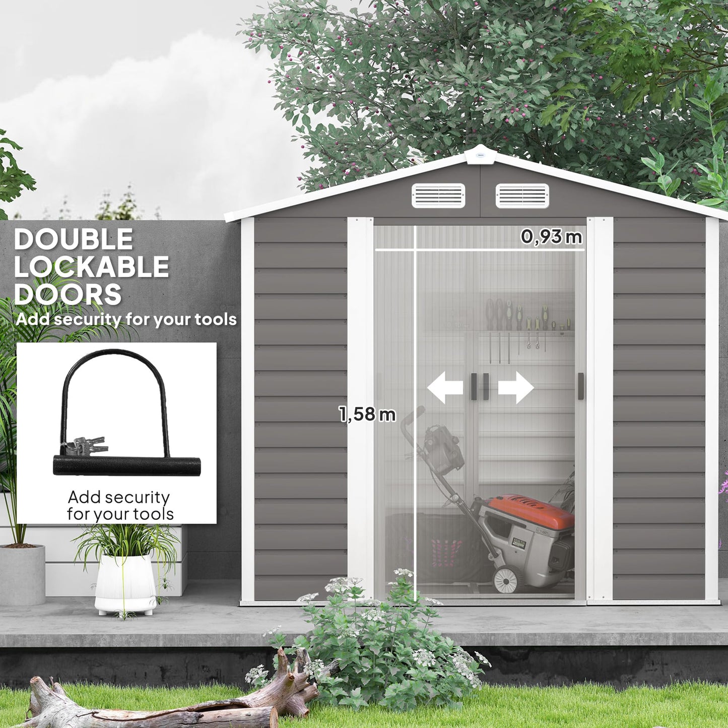 Outsunny 7 x 4ft Garden Shed, Easy to Assemble, Upgraded Galvanised Steel Frame with Foundation Kit, Double Doors with Lock, Outdoor Metal Shed with Vents and Gloves, Garden Storage Shed, Dark Grey