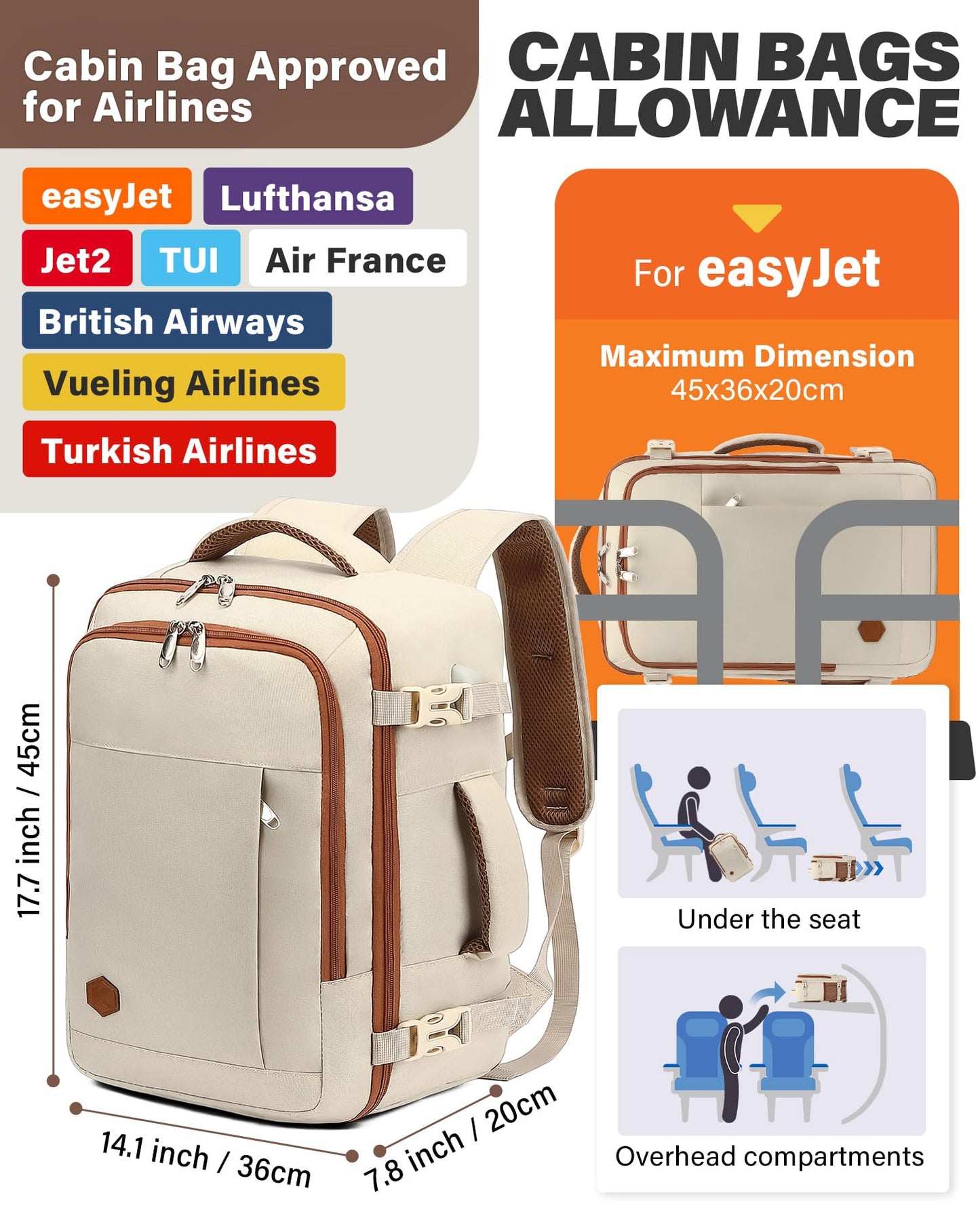 VANKEV Ryanair Cabin Bag 40x20x25 Underseat 20L