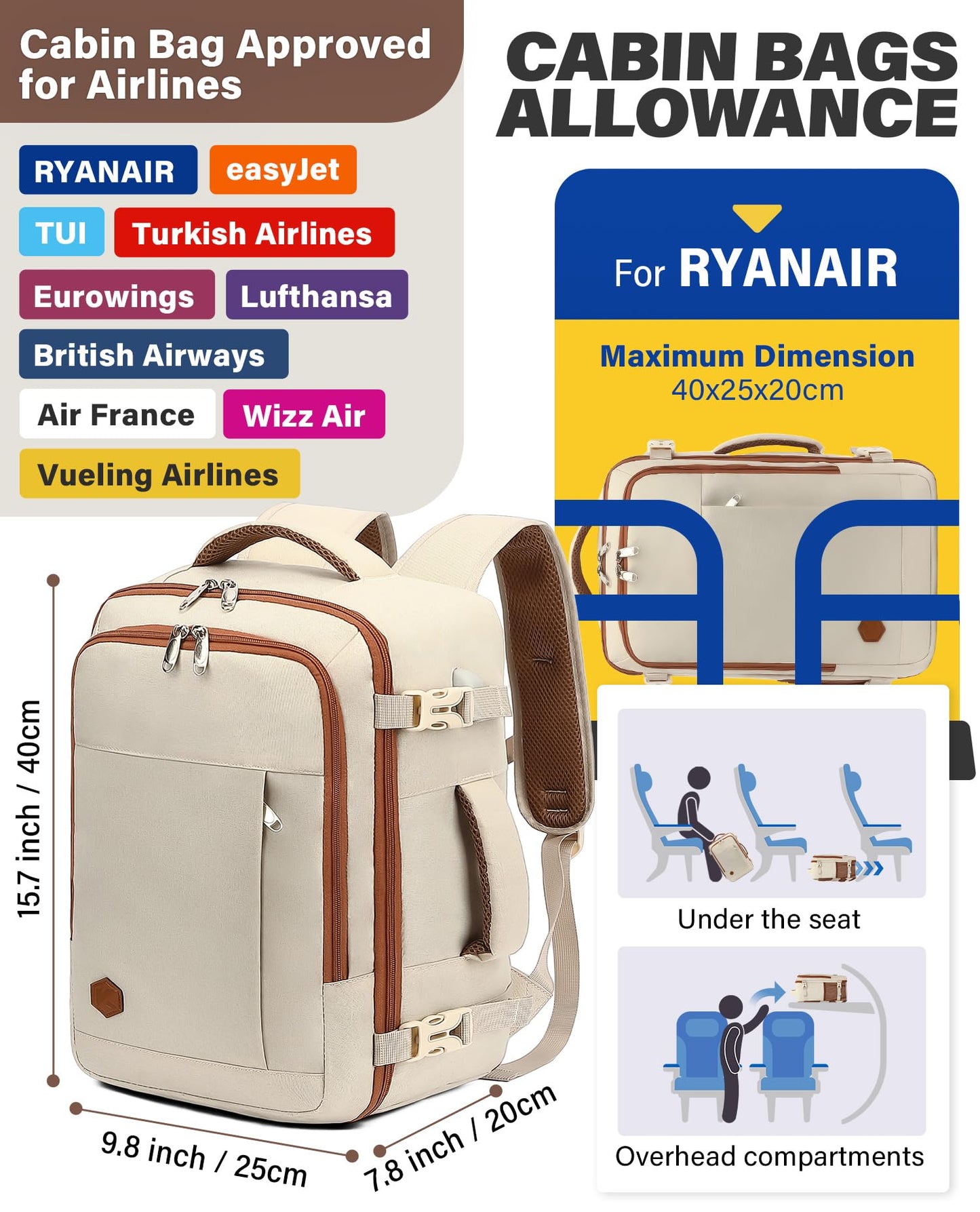 VANKEV Ryanair Cabin Bag 40x20x25 Underseat 20L