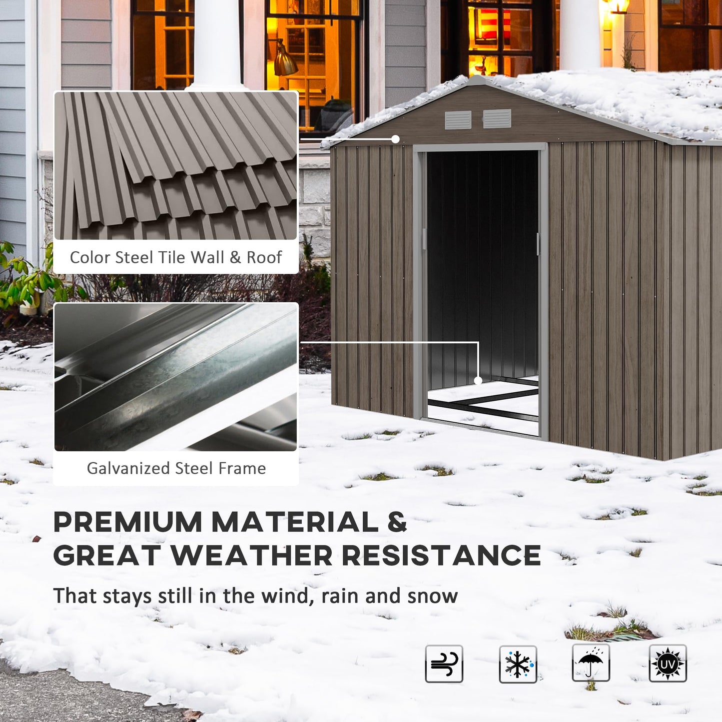 Outsunny 9 x 6ft Metal Garden Shed, Outdoor Storage Tool House with Ventilation Slots, Foundation Kit and Lockable Double Doors, Brown