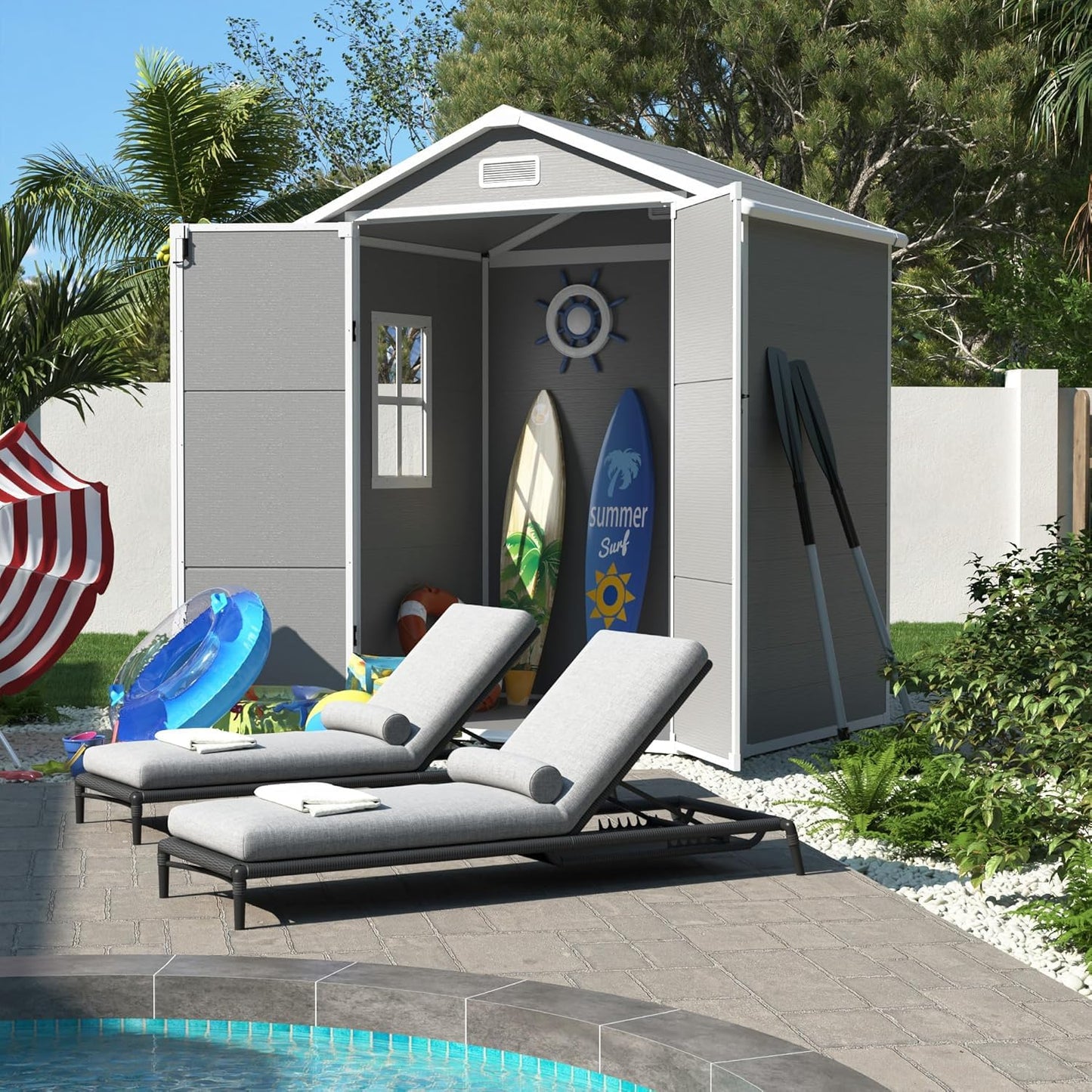 UDPATIO Outdoor Resin Storage Shed 6x4.5 FT, Plastic Garden Shed for Bike, Garbage Can, Tool, Outside Sheds & Outdoor Storage Storage Box with Lockable Door for Backyard, Patio, Lawn, Grey & White