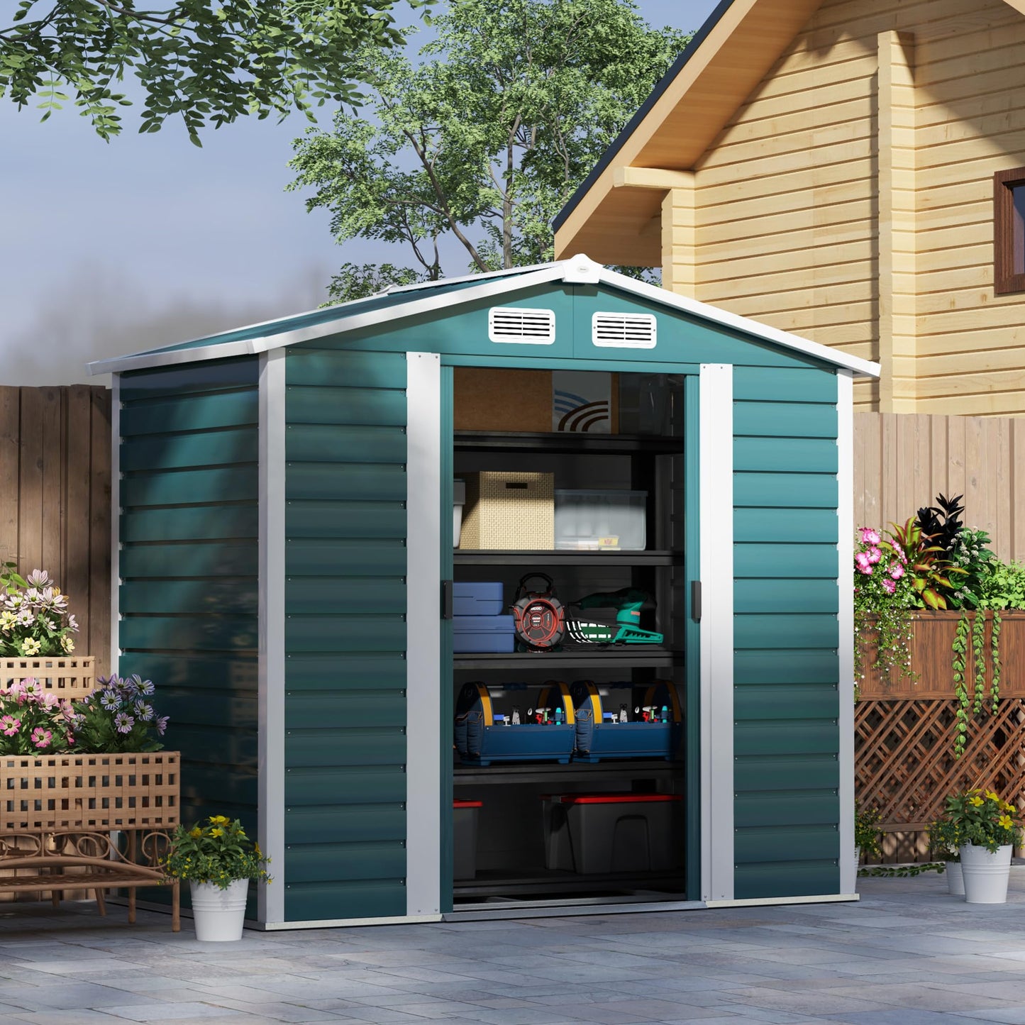 Outsunny 7 x 4ft Garden Shed, Easy to Assemble, Upgraded Galvanised Steel Frame with Foundation Kit, Double Doors with Lock, Outdoor Metal Shed with Vents and Gloves, Garden Storage Shed, Dark Grey
