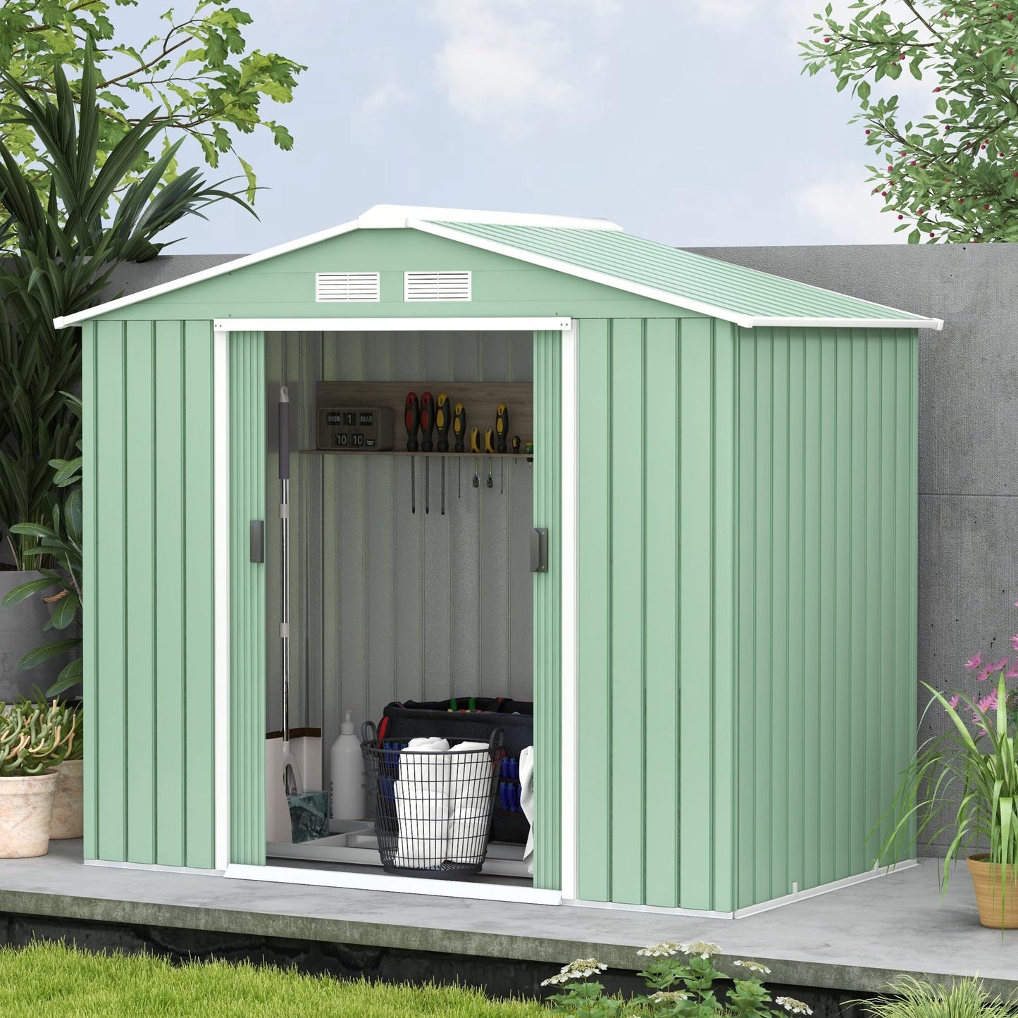Outsunny 9 x 6ft Metal Garden Shed, Outdoor Storage Tool House with Ventilation Slots, Foundation Kit and Lockable Double Doors, Brown