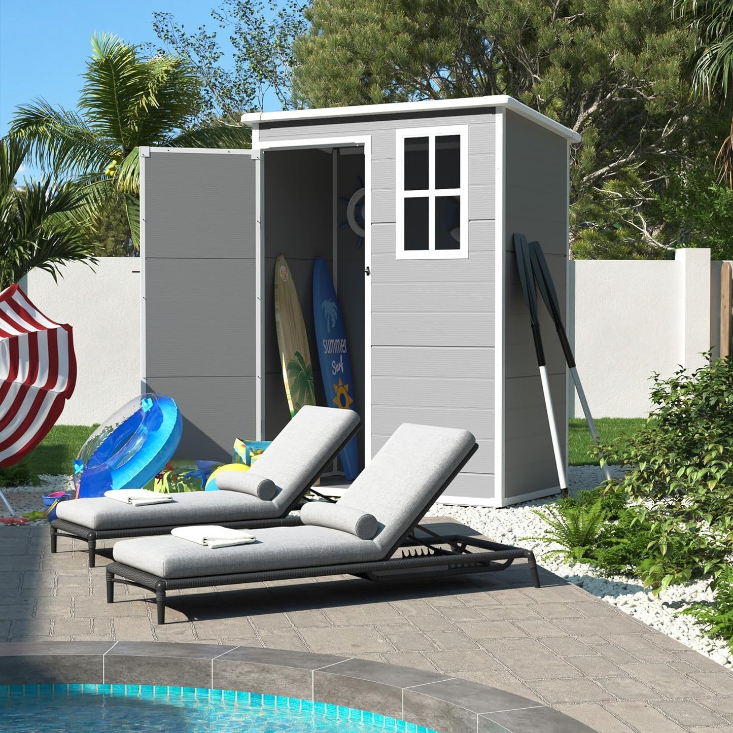 UDPATIO Outdoor Resin Storage Shed 6x4.5 FT, Plastic Garden Shed for Bike, Garbage Can, Tool, Outside Sheds & Outdoor Storage Storage Box with Lockable Door for Backyard, Patio, Lawn, Grey & White