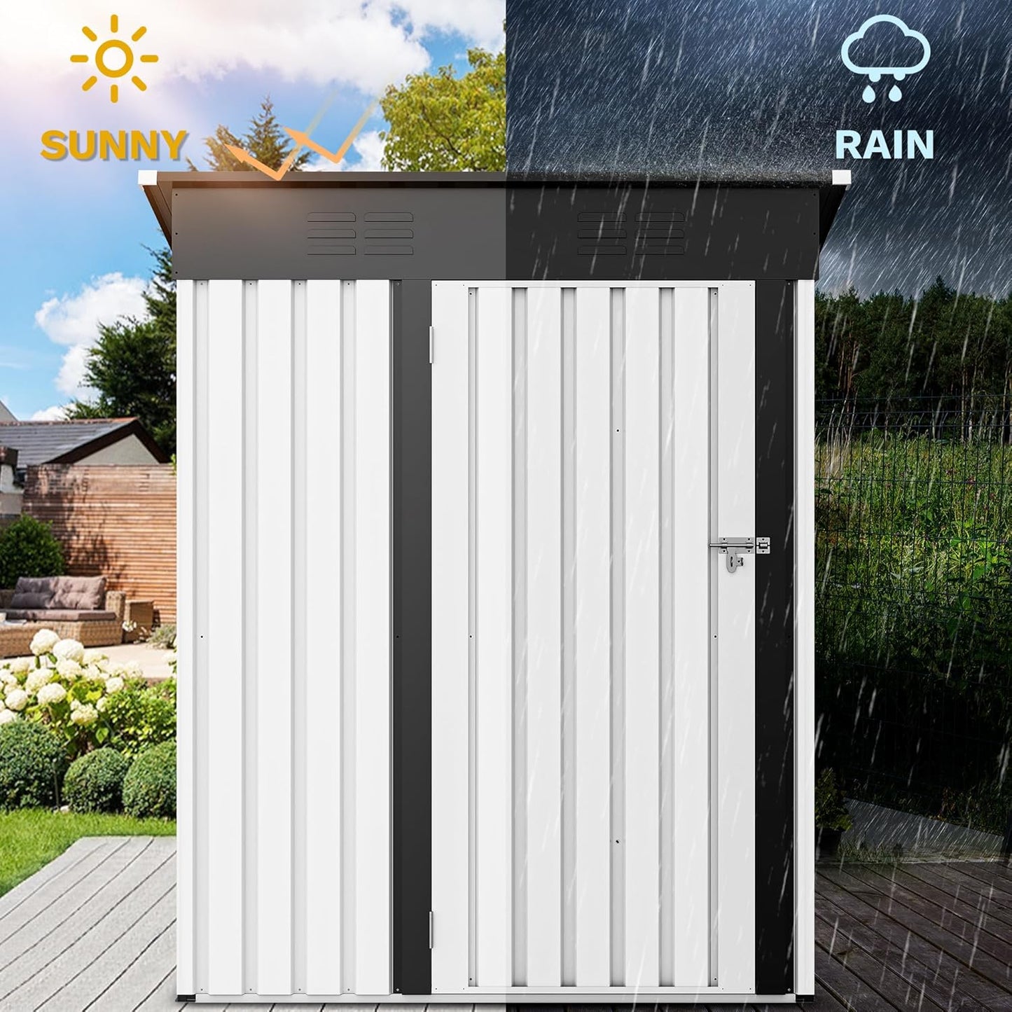 YITAHOME 5x3ft Outdoor Storage Shed, Weatherproof Tool Shed w/Locking Entry & Ventilation for Grass Cutter, Bike, Equipment, Courtyard, Garden (White)