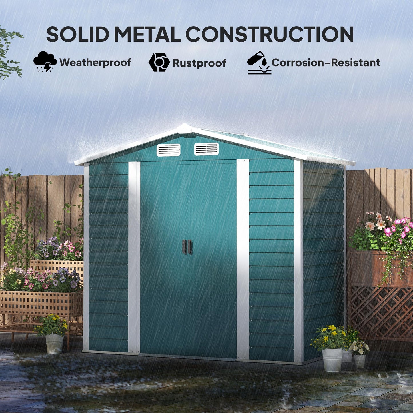 Outsunny 7 x 4ft Garden Shed, Easy to Assemble, Upgraded Galvanised Steel Frame with Foundation Kit, Double Doors with Lock, Outdoor Metal Shed with Vents and Gloves, Garden Storage Shed, Dark Grey