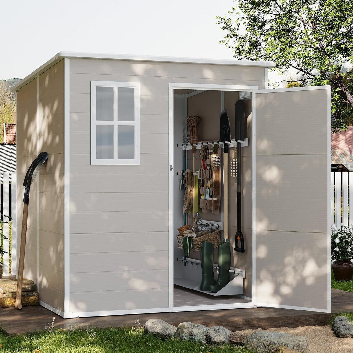 UDPATIO Outdoor Resin Storage Shed 6x4.5 FT, Plastic Garden Shed for Bike, Garbage Can, Tool, Outside Sheds & Outdoor Storage Storage Box with Lockable Door for Backyard, Patio, Lawn, Grey & White