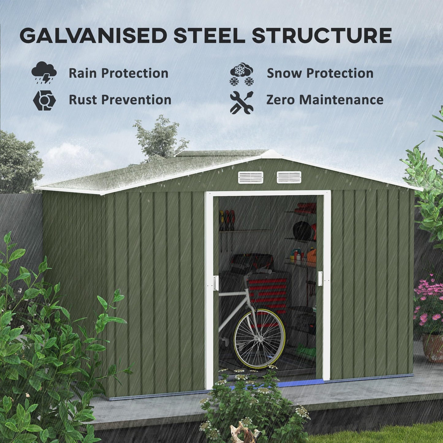 Outsunny 9 x 6ft Metal Garden Shed, Outdoor Storage Tool House with Ventilation Slots, Foundation Kit and Lockable Double Doors, Brown