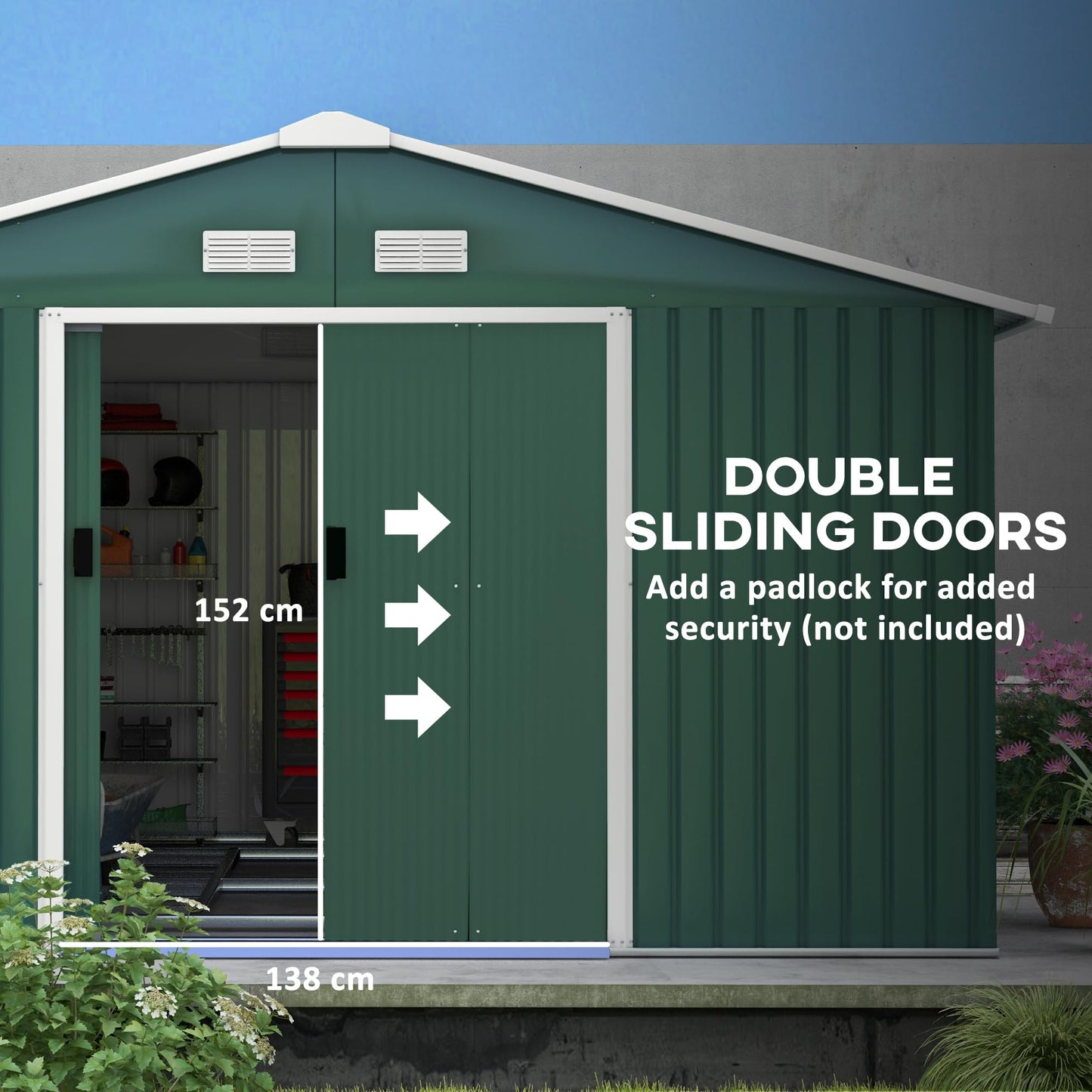 Outsunny 9 x 6ft Metal Garden Shed, Outdoor Storage Tool House with Ventilation Slots, Foundation Kit and Lockable Double Doors, Brown