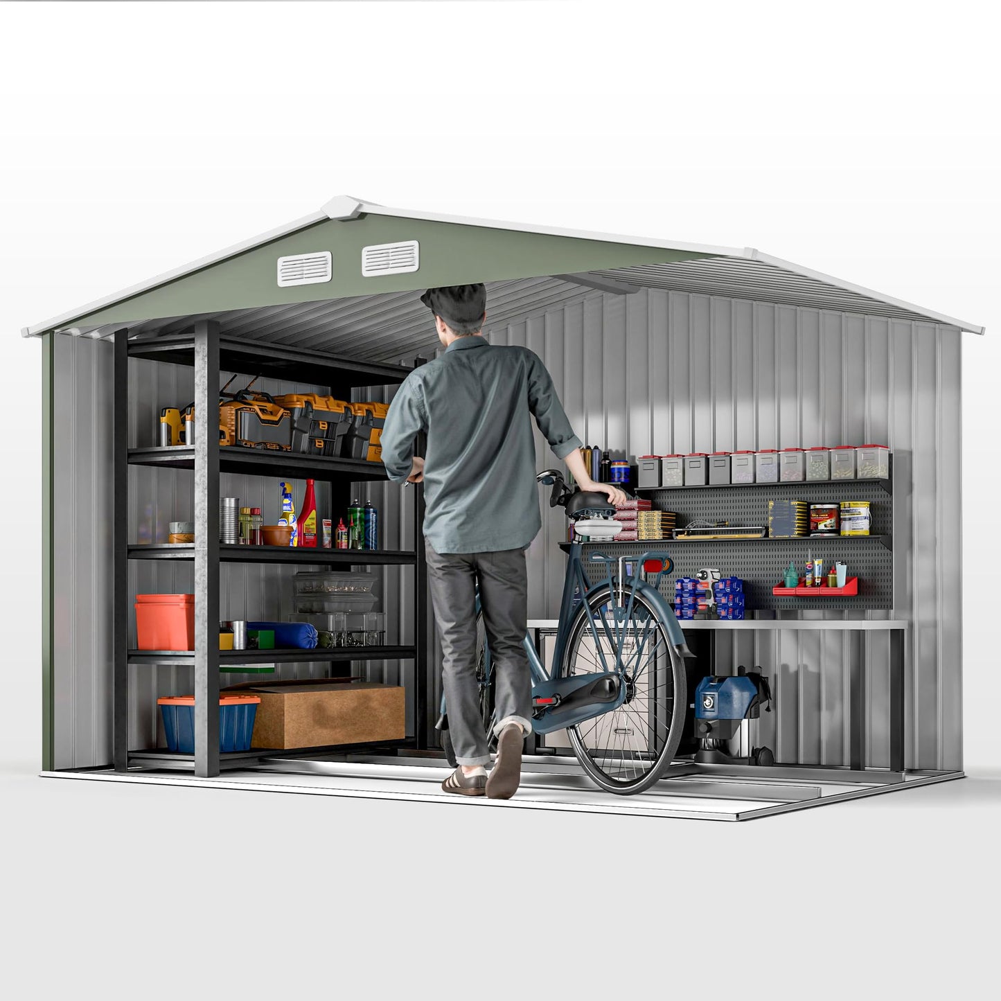 Outsunny 9 x 6ft Metal Garden Shed, Outdoor Storage Tool House with Ventilation Slots, Foundation Kit and Lockable Double Doors, Brown