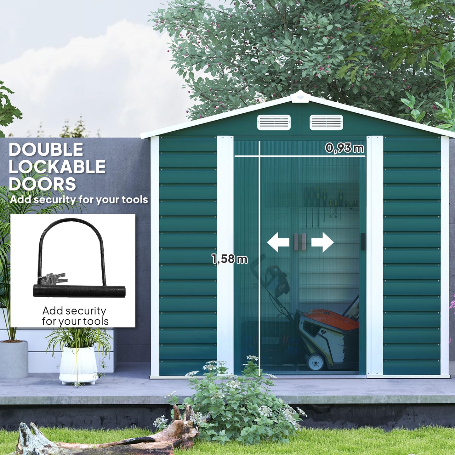 Outsunny 7 x 4ft Garden Shed, Easy to Assemble, Upgraded Galvanised Steel Frame with Foundation Kit, Double Doors with Lock, Outdoor Metal Shed with Vents and Gloves, Garden Storage Shed, Dark Grey