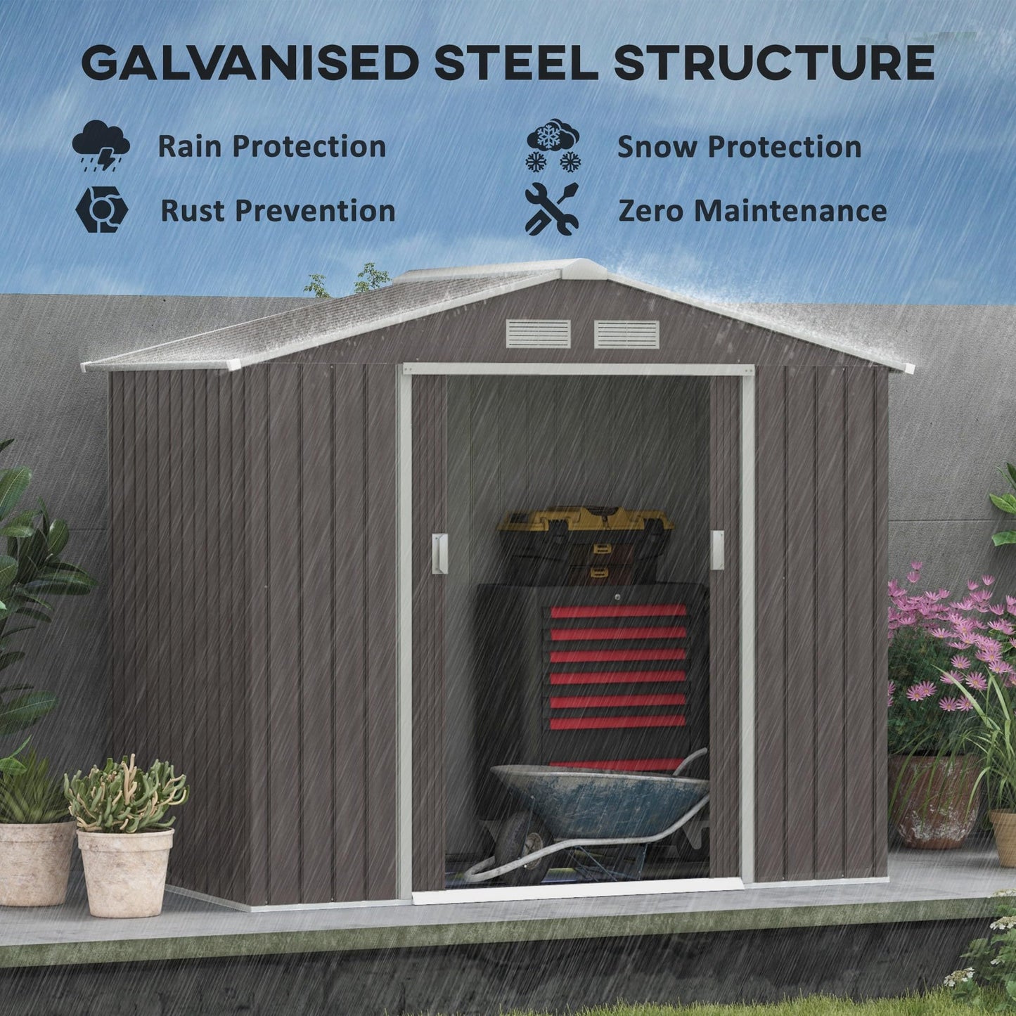 Outsunny 9 x 6ft Metal Garden Shed, Outdoor Storage Tool House with Ventilation Slots, Foundation Kit and Lockable Double Doors, Brown