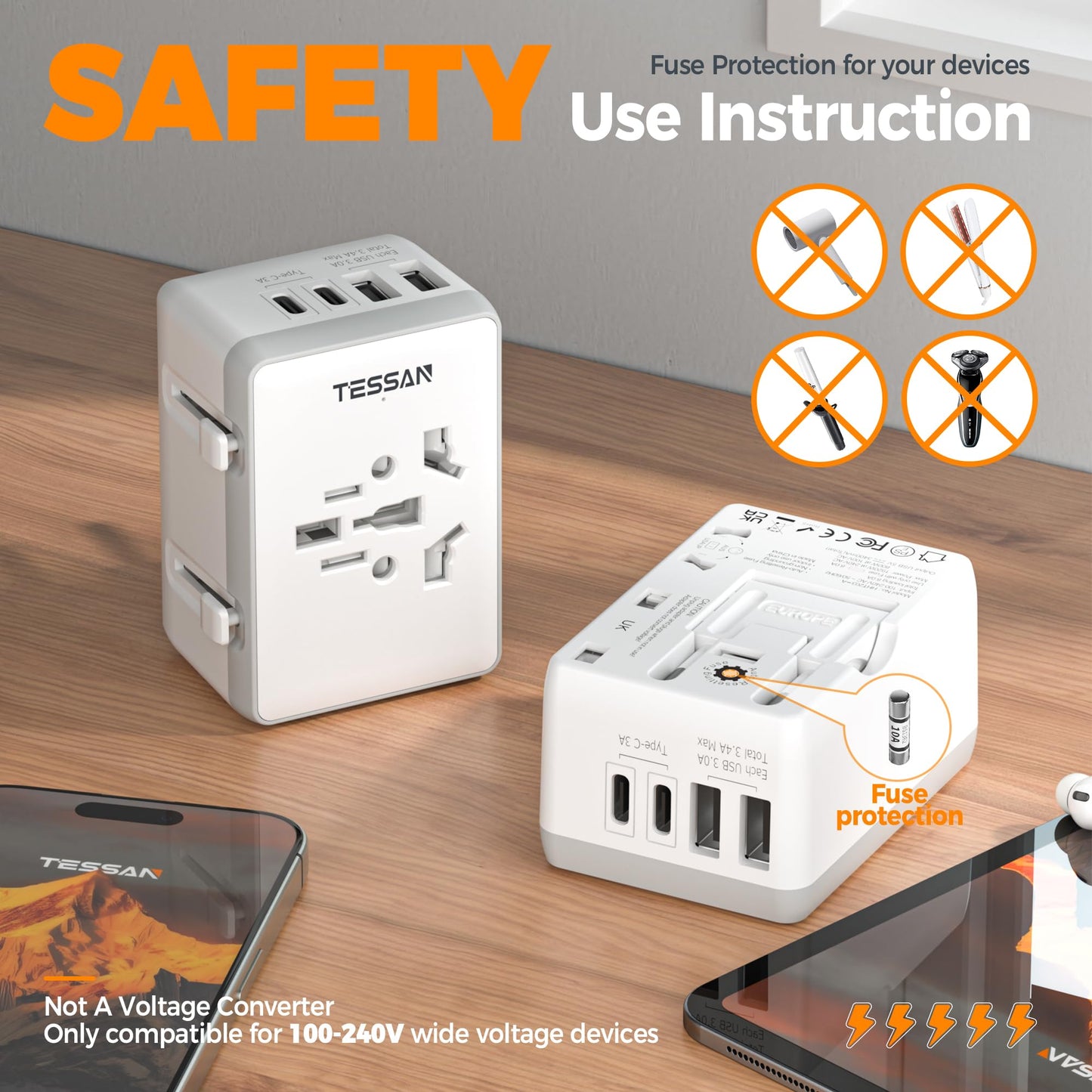 TESSAN Universal Travel Adapter Worldwide with 2 USB C and 2 USB A Ports