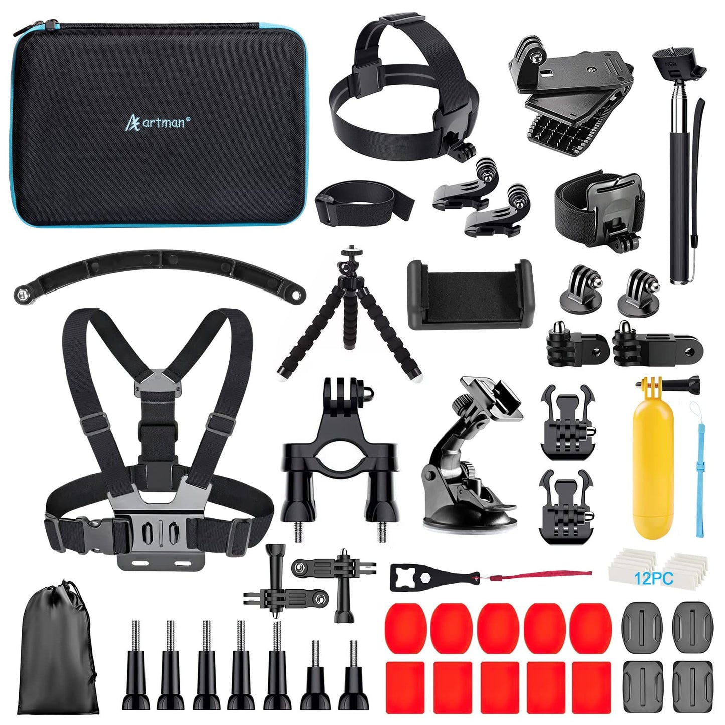 Artman Action Camera Accessories Kit 60-In-1 for GoPro Hero 13 12 11 10 9 Insta360 X4 X3 X2 GO3S DJI OSMO Action 5 4 3 SJCAM DBPOWER AKASO VicTsing APEMAN WiMiUS QUMOX Lightdow Campark Sony Sports DV