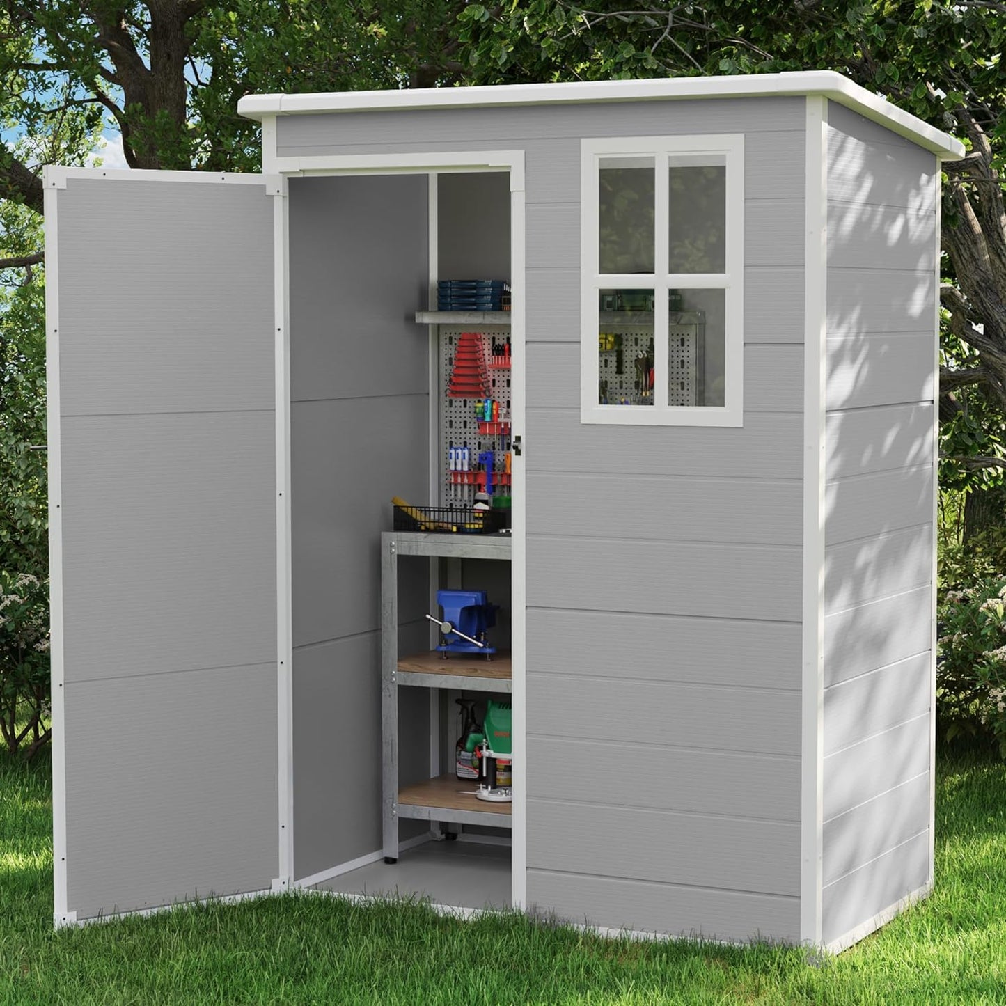 UDPATIO Outdoor Resin Storage Shed 6x4.5 FT, Plastic Garden Shed for Bike, Garbage Can, Tool, Outside Sheds & Outdoor Storage Storage Box with Lockable Door for Backyard, Patio, Lawn, Grey & White