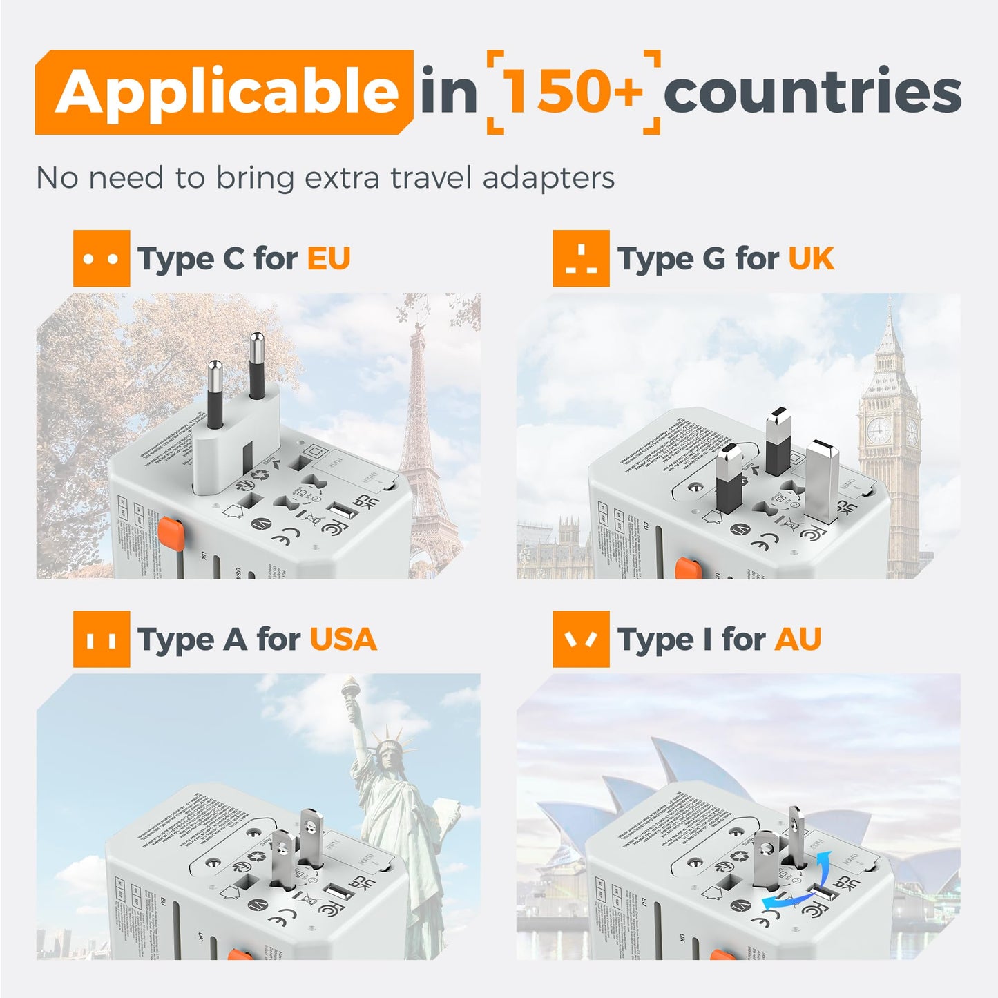 TESSAN Universal Travel Adapter Worldwide with 2 USB C and 2 USB A Ports