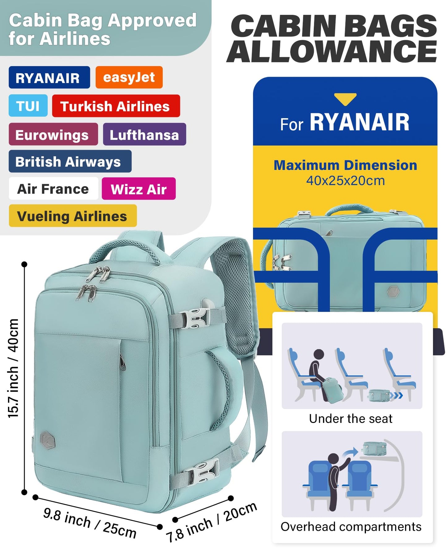 VANKEV Ryanair Cabin Bag 40x20x25 Underseat 20L