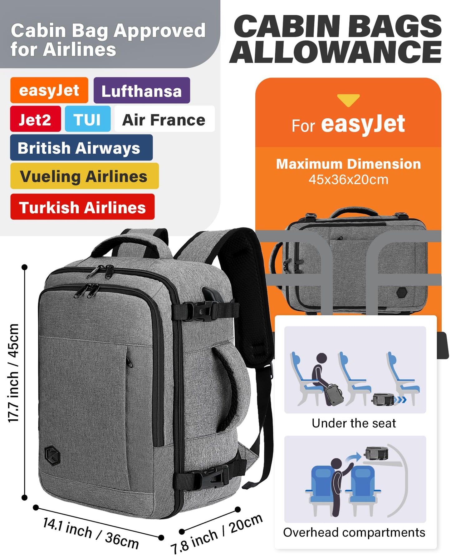 VANKEV Ryanair Cabin Bag 40x20x25 Underseat 20L