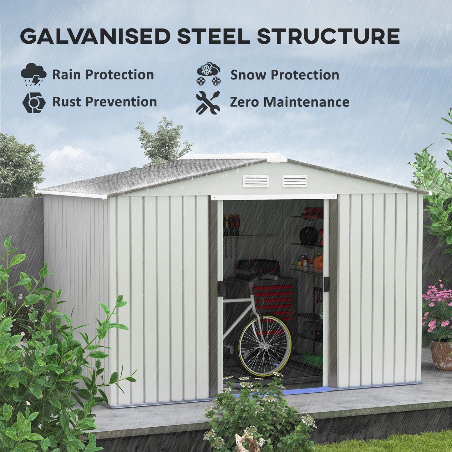 Outsunny 9 x 6ft Metal Garden Shed, Outdoor Storage Tool House with Ventilation Slots, Foundation Kit and Lockable Double Doors, Brown