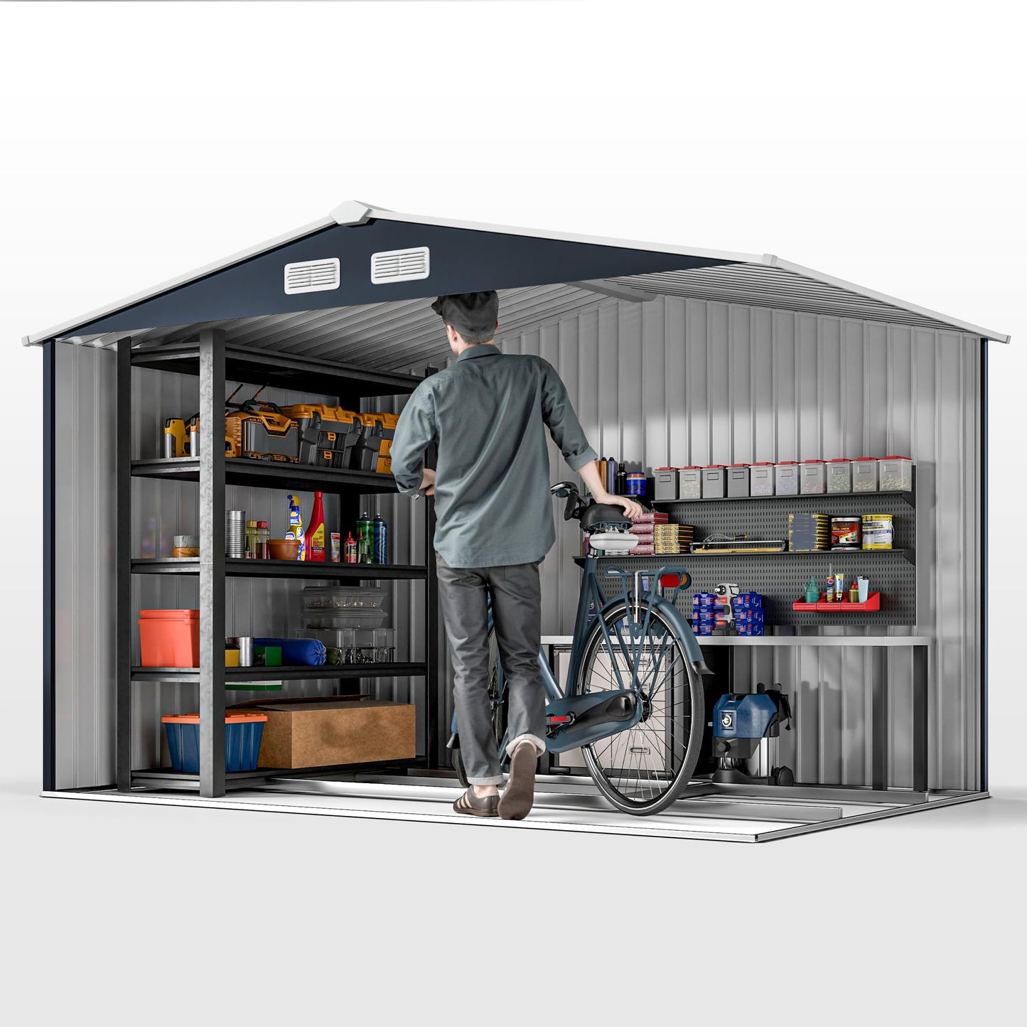 Outsunny 9 x 6ft Metal Garden Shed, Outdoor Storage Tool House with Ventilation Slots, Foundation Kit and Lockable Double Doors, Brown