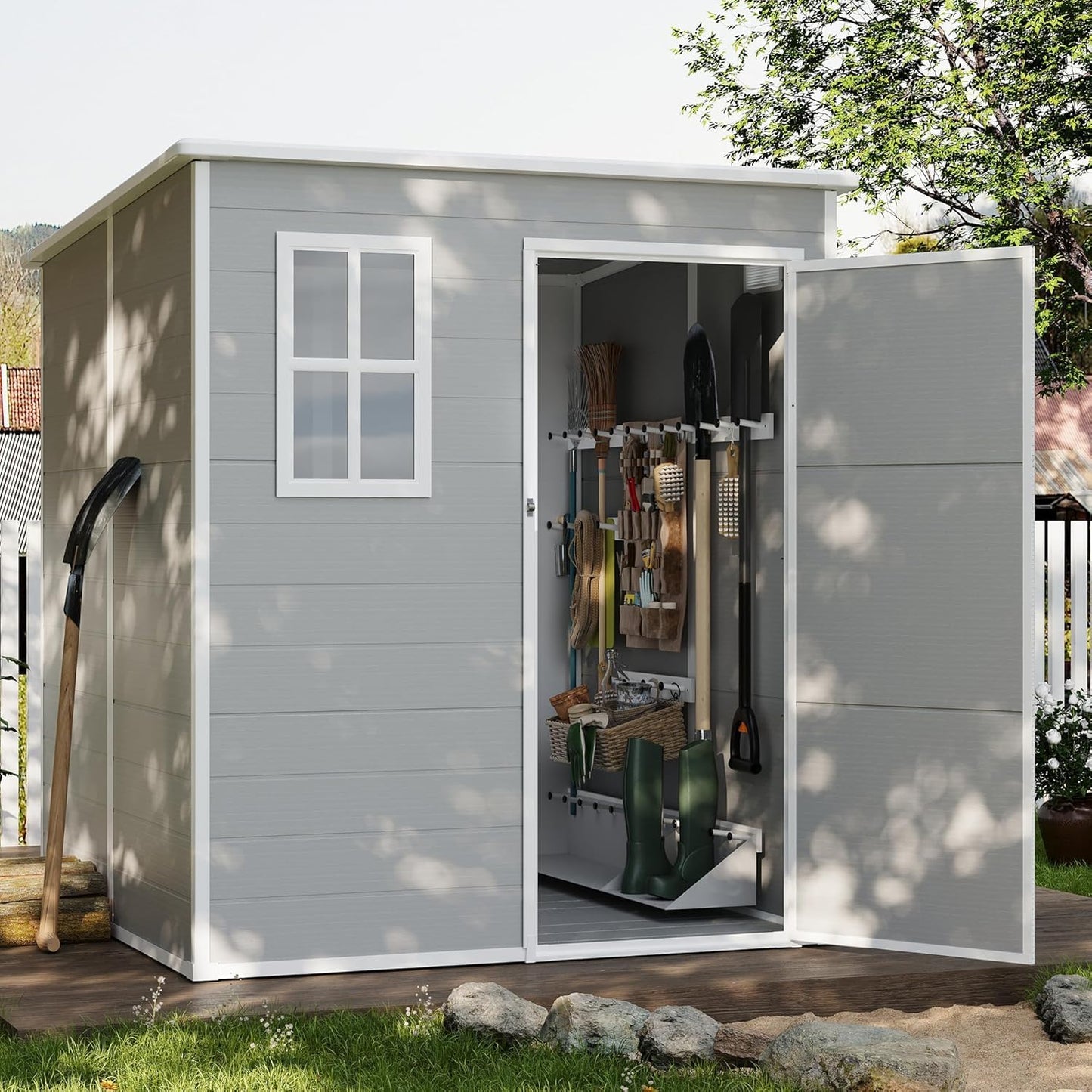 UDPATIO Outdoor Resin Storage Shed 6x4.5 FT, Plastic Garden Shed for Bike, Garbage Can, Tool, Outside Sheds & Outdoor Storage Storage Box with Lockable Door for Backyard, Patio, Lawn, Grey & White
