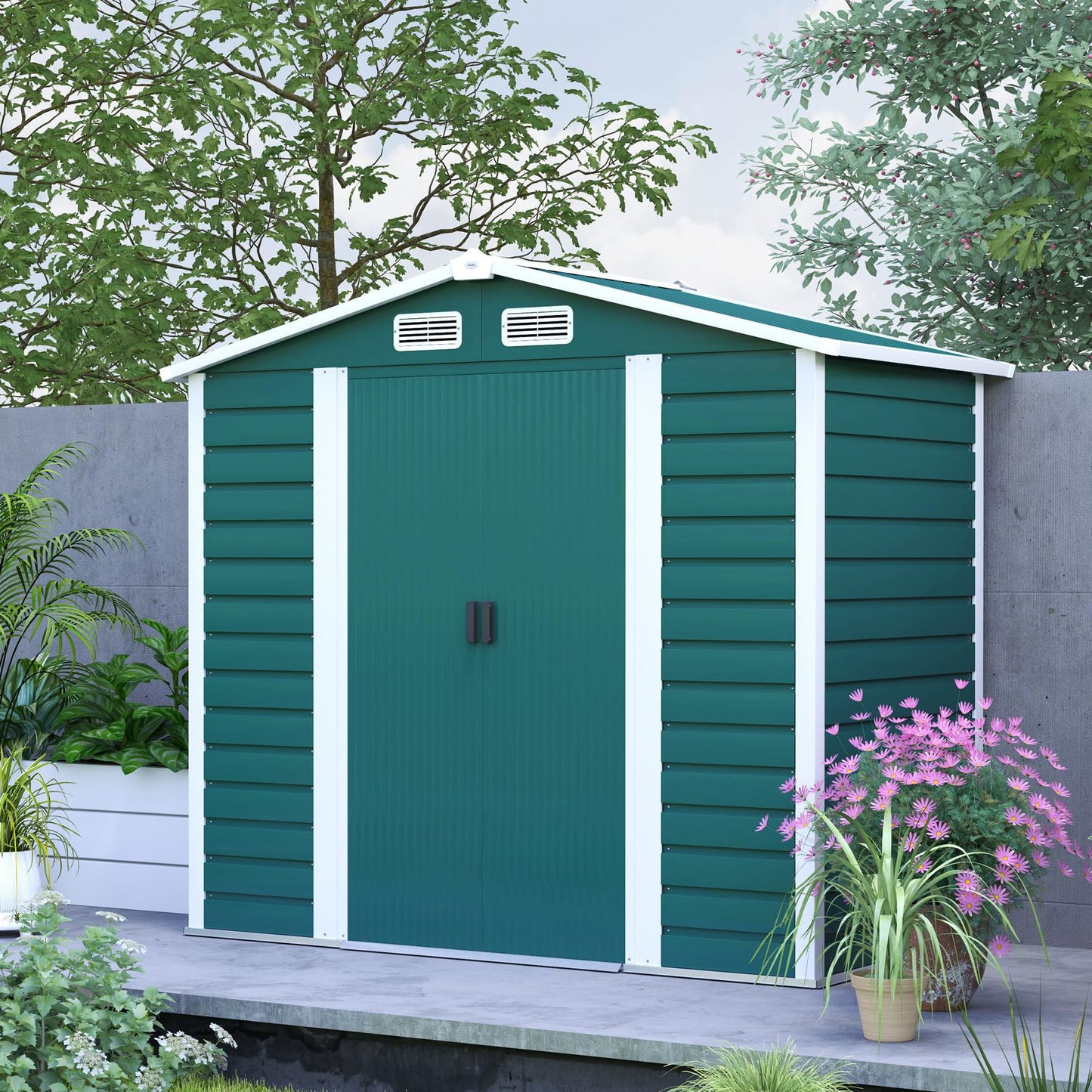 Outsunny 7 x 4ft Garden Shed, Easy to Assemble, Upgraded Galvanised Steel Frame with Foundation Kit, Double Doors with Lock, Outdoor Metal Shed with Vents and Gloves, Garden Storage Shed, Dark Grey
