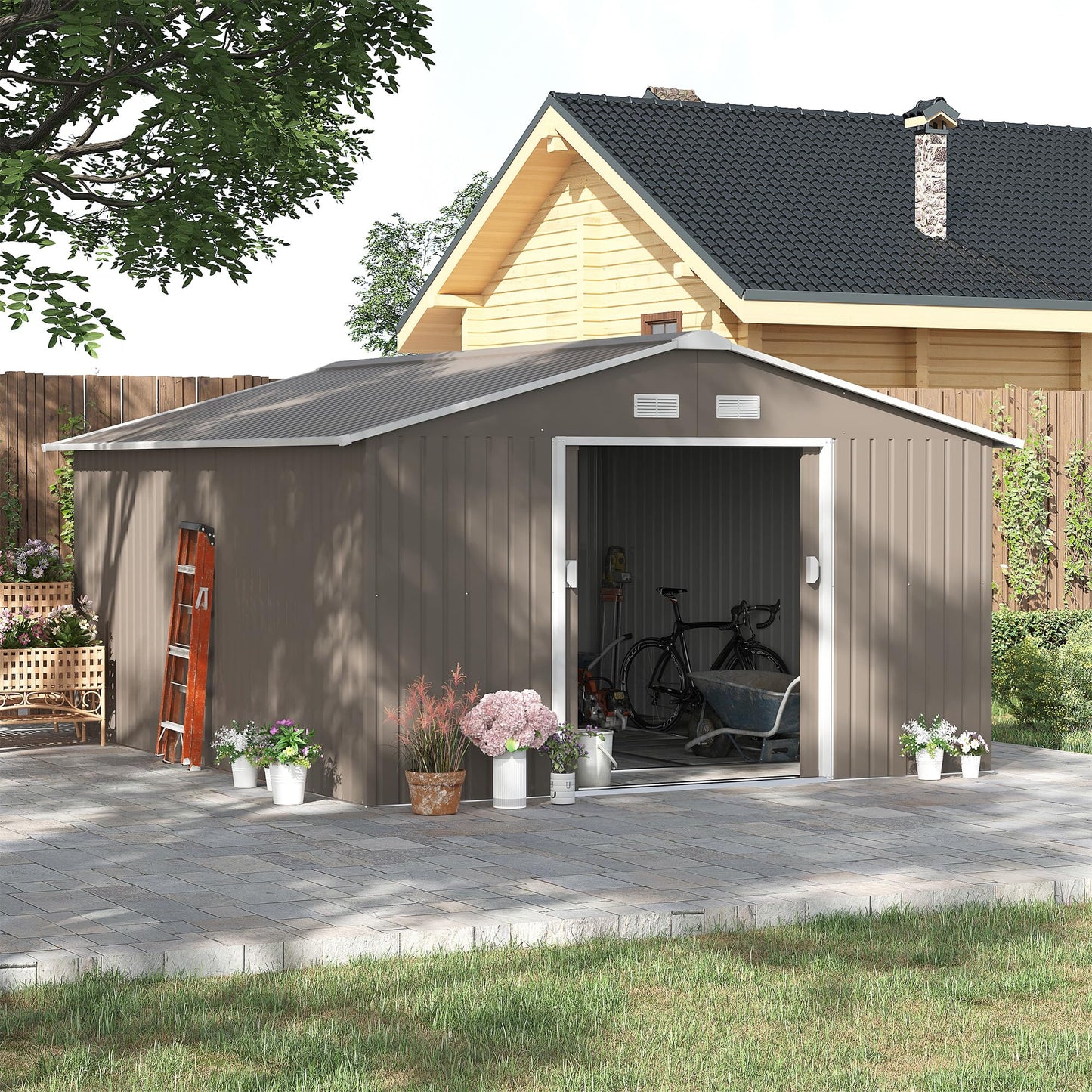 Outsunny 9 x 6ft Metal Garden Shed, Outdoor Storage Tool House with Ventilation Slots, Foundation Kit and Lockable Double Doors, Brown