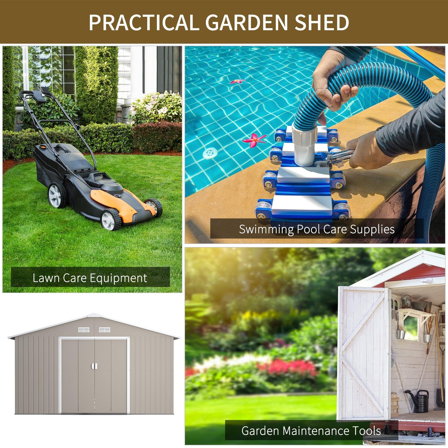 Outsunny 9 x 6ft Metal Garden Shed, Outdoor Storage Tool House with Ventilation Slots, Foundation Kit and Lockable Double Doors, Brown
