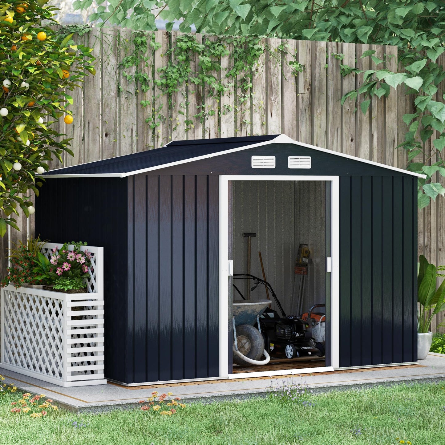 Outsunny 9 x 6ft Metal Garden Shed, Outdoor Storage Tool House with Ventilation Slots, Foundation Kit and Lockable Double Doors, Brown