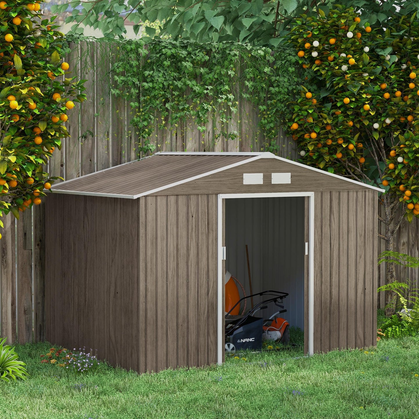 Outsunny 9 x 6ft Metal Garden Shed, Outdoor Storage Tool House with Ventilation Slots, Foundation Kit and Lockable Double Doors, Brown